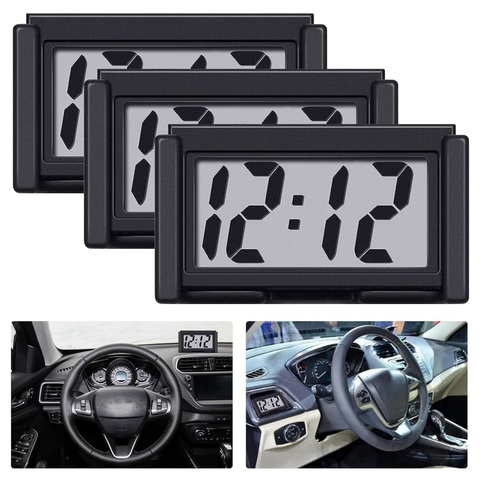 3PC Portable Mini Digital Clock Small Adhesive Stick On Battery Operated LCD New