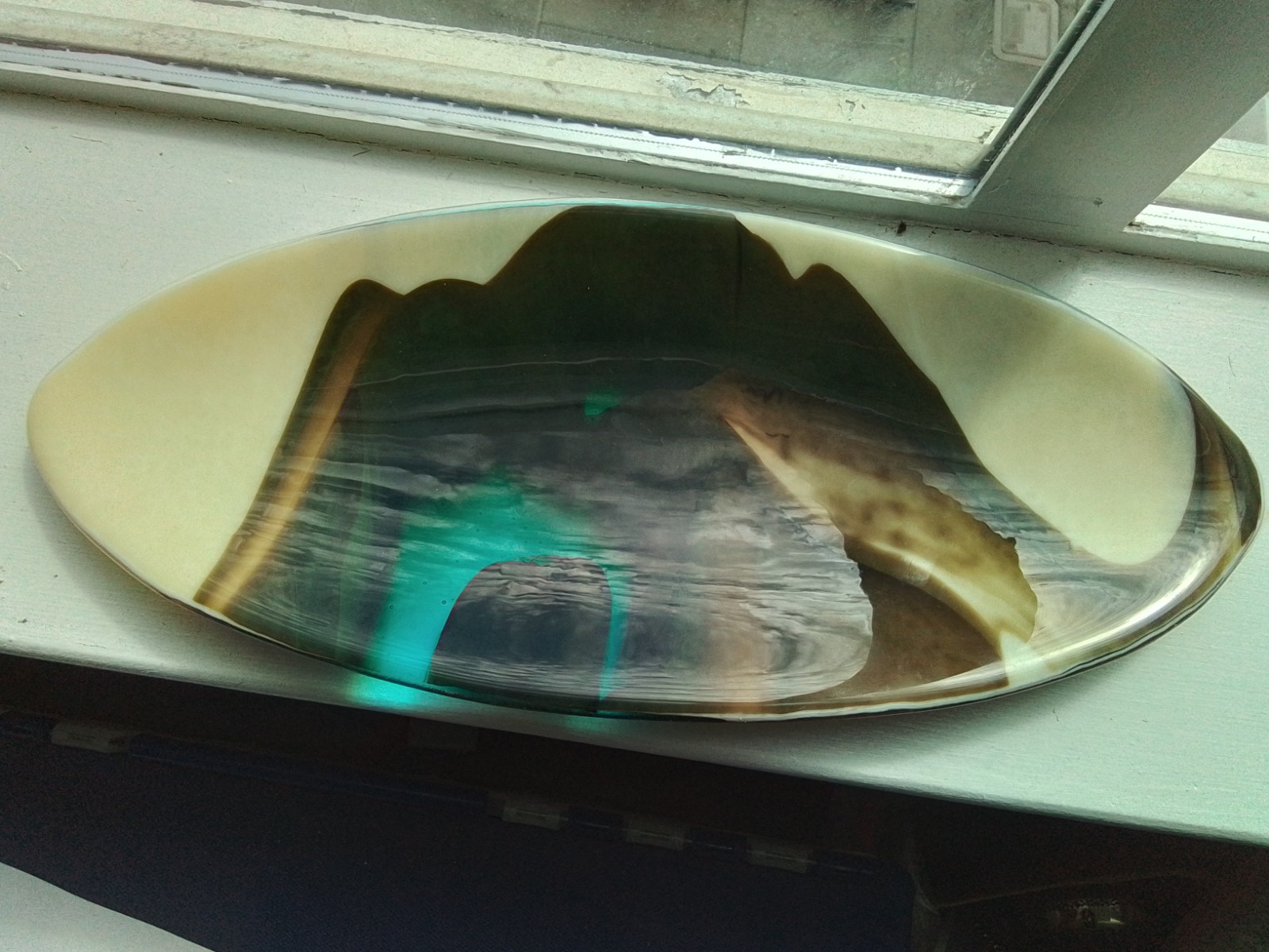 Handcrafted Fused Art Glass Plate Dragonfly Mark Oval Vanilla Brown Teal 14.75″