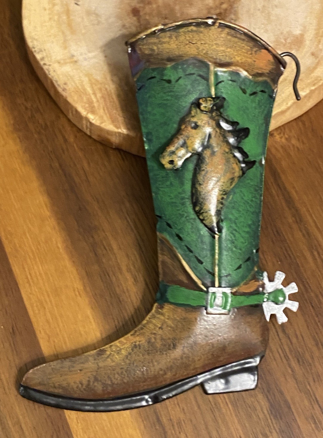 Metal Western Boot Hanging Ornament Spur & Horse Heads Green & Brown 4.25” Tall