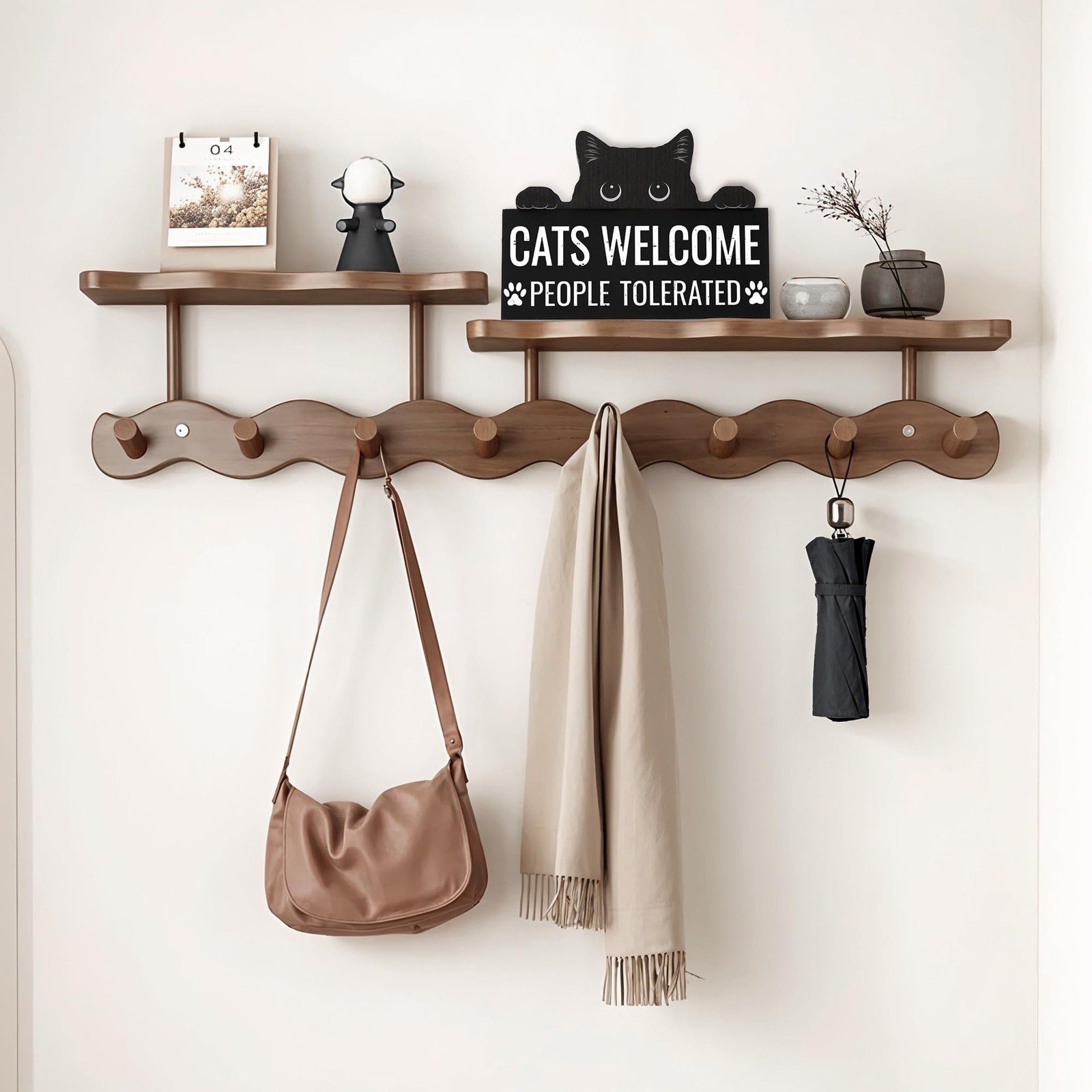 2 Pack Funny Cats Decor 9.1” × 3.9”, Wooden Cat Lover Gifts with Black &