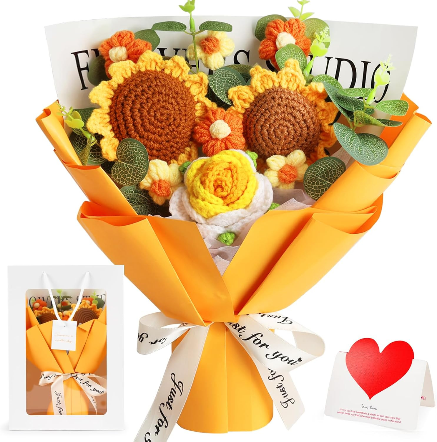 Crochet Flower Bouquet for Mom, Crochet Knitted Sunflower Gift Artificial Flower