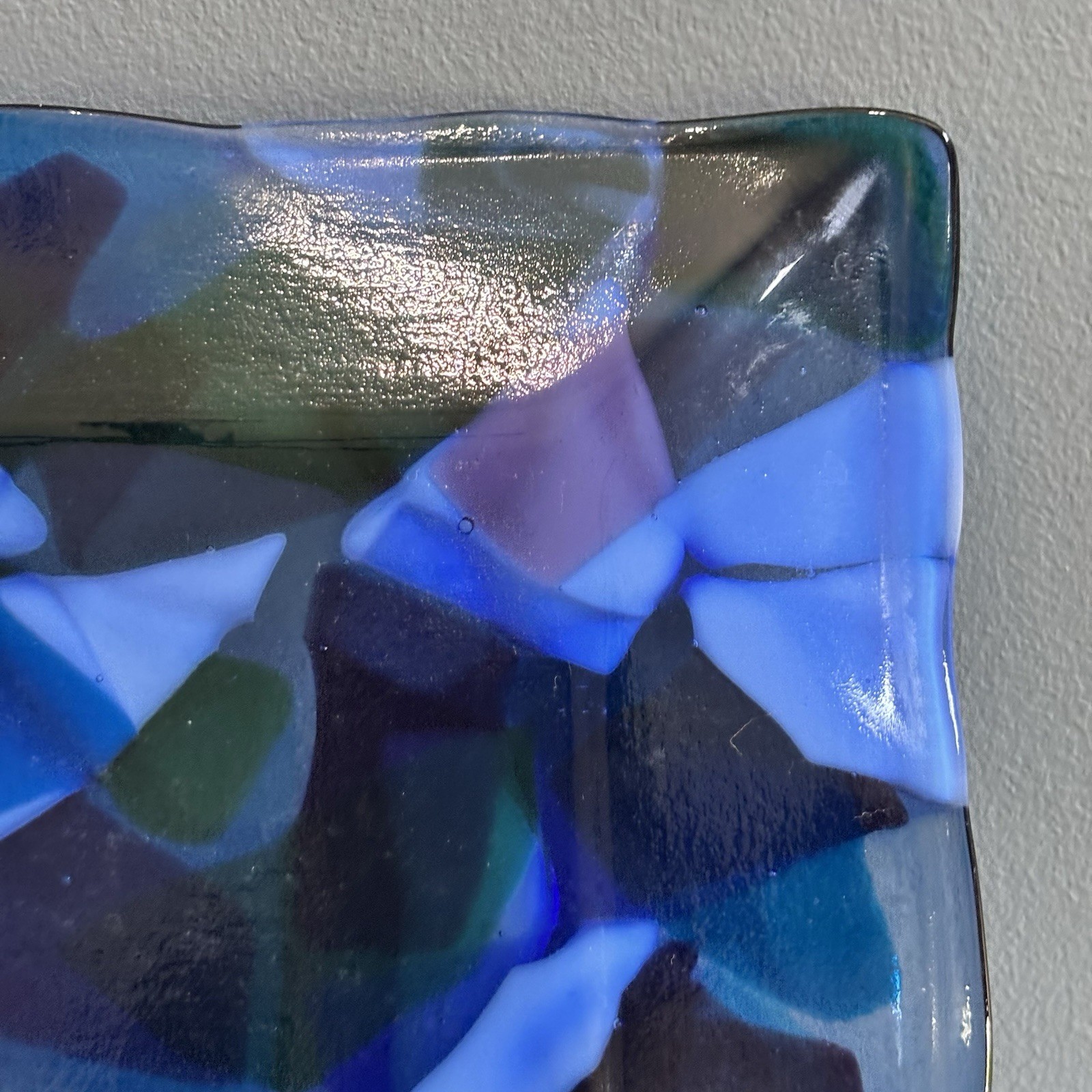 Heavy Blue Purple White Fused Art Glass Square Plate 10-1/4”
