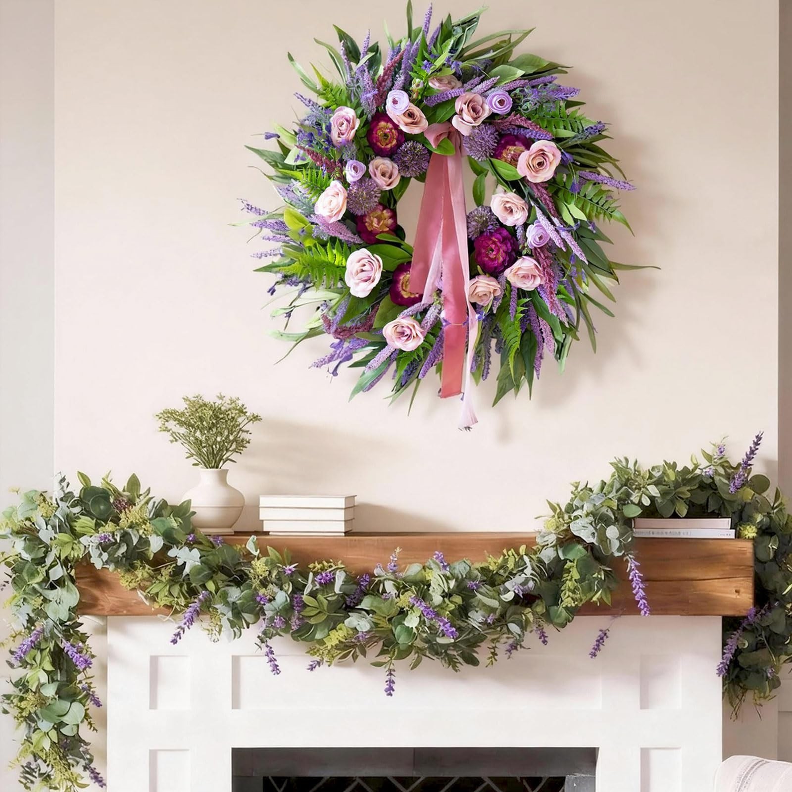 Spring Wreaths for Front Door 24 Inch Luxury Lavender Summer Wreath with Pink…