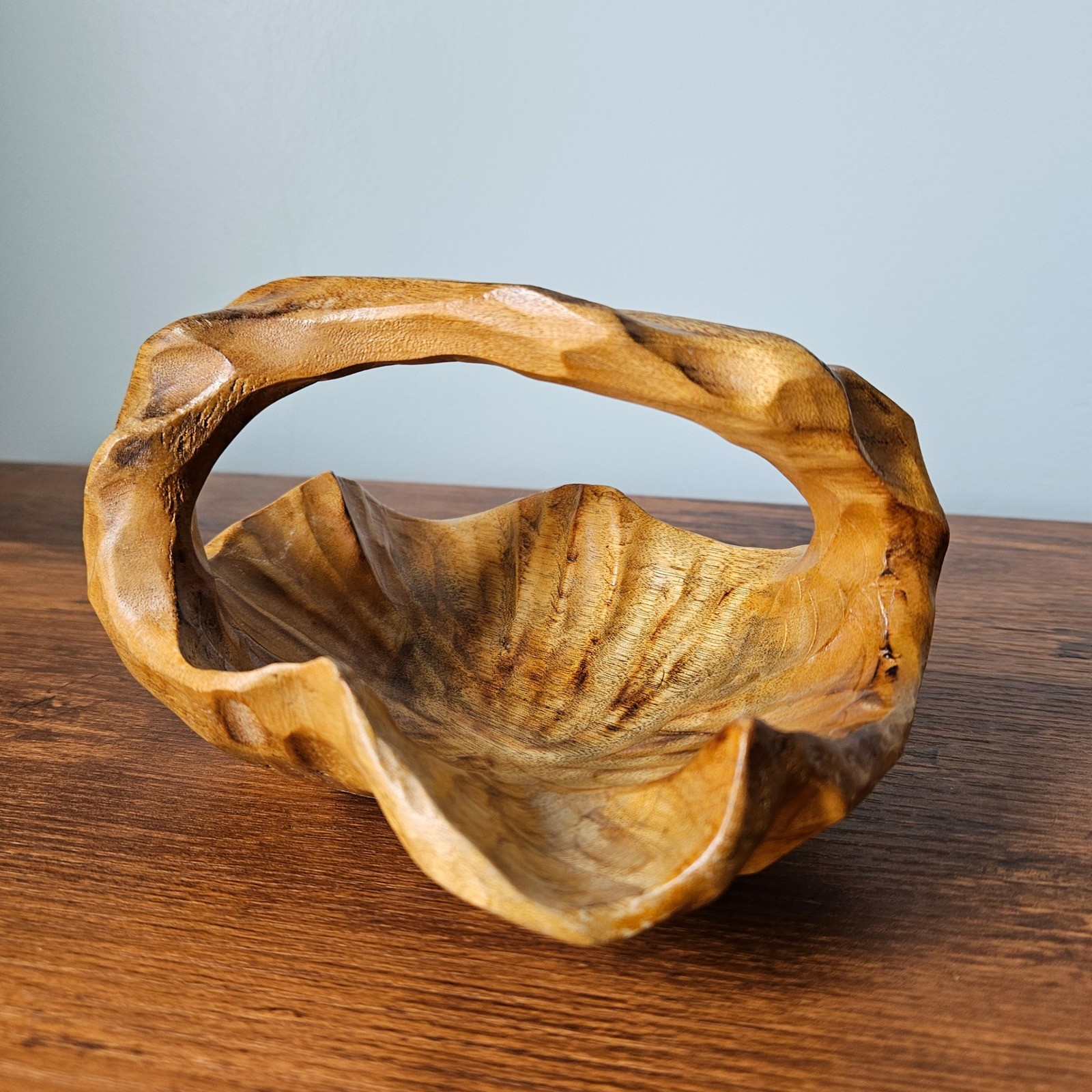 Hand Carved Small Wooden Basket Bowl Artisan Organic Shape Rustic Handmade