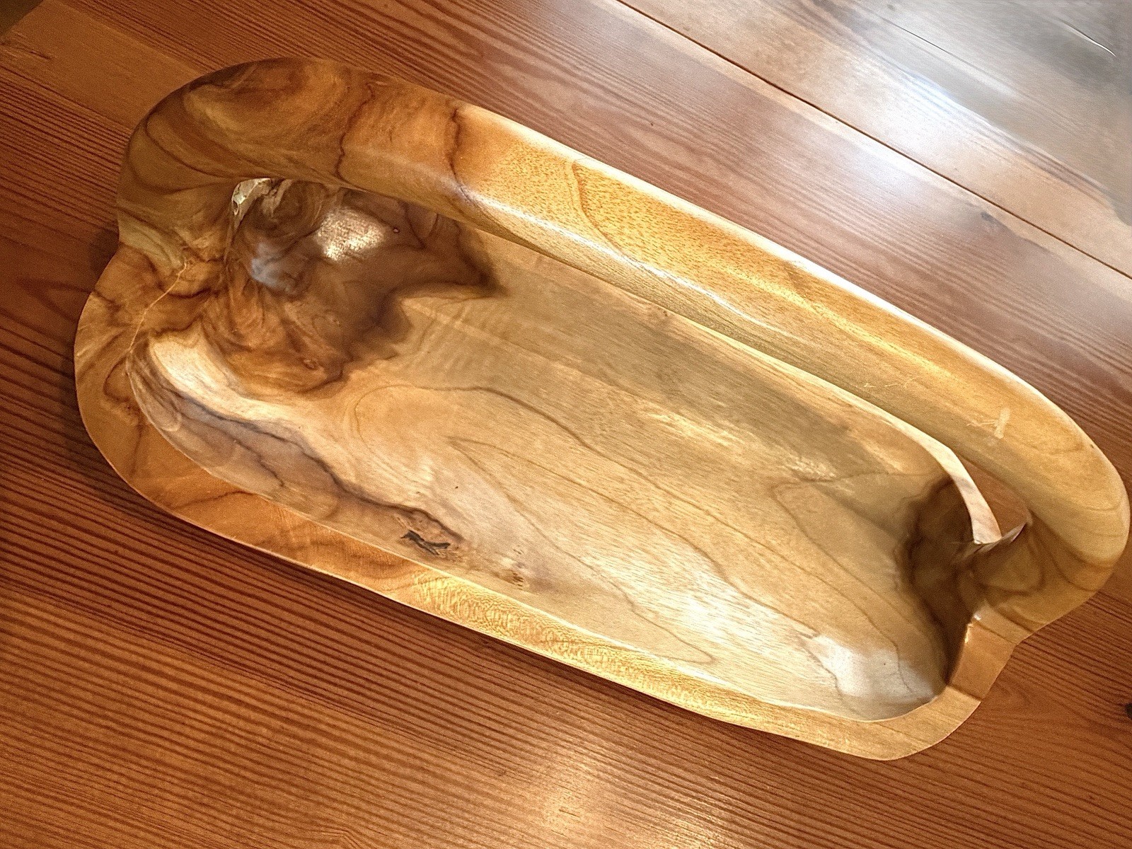Handcarved Decorative Rustic Wooden Oval Bowl Basket Centerpiece Fruit Bowl NICE