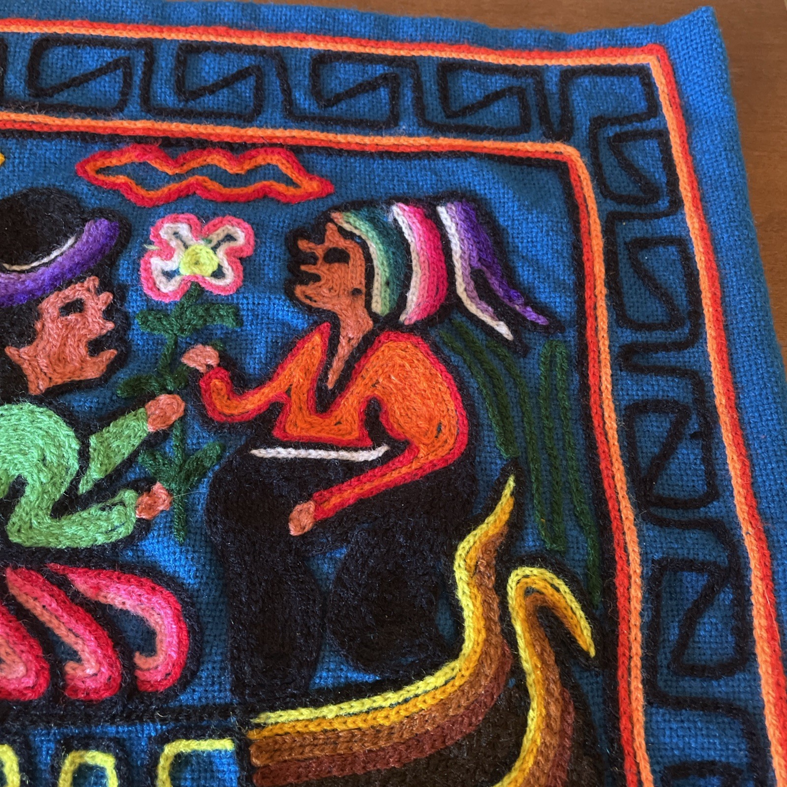 Vintage Peru Lake Titicaca Folk Art Wall Hanging Pillow Cover 16.5” Square Uros