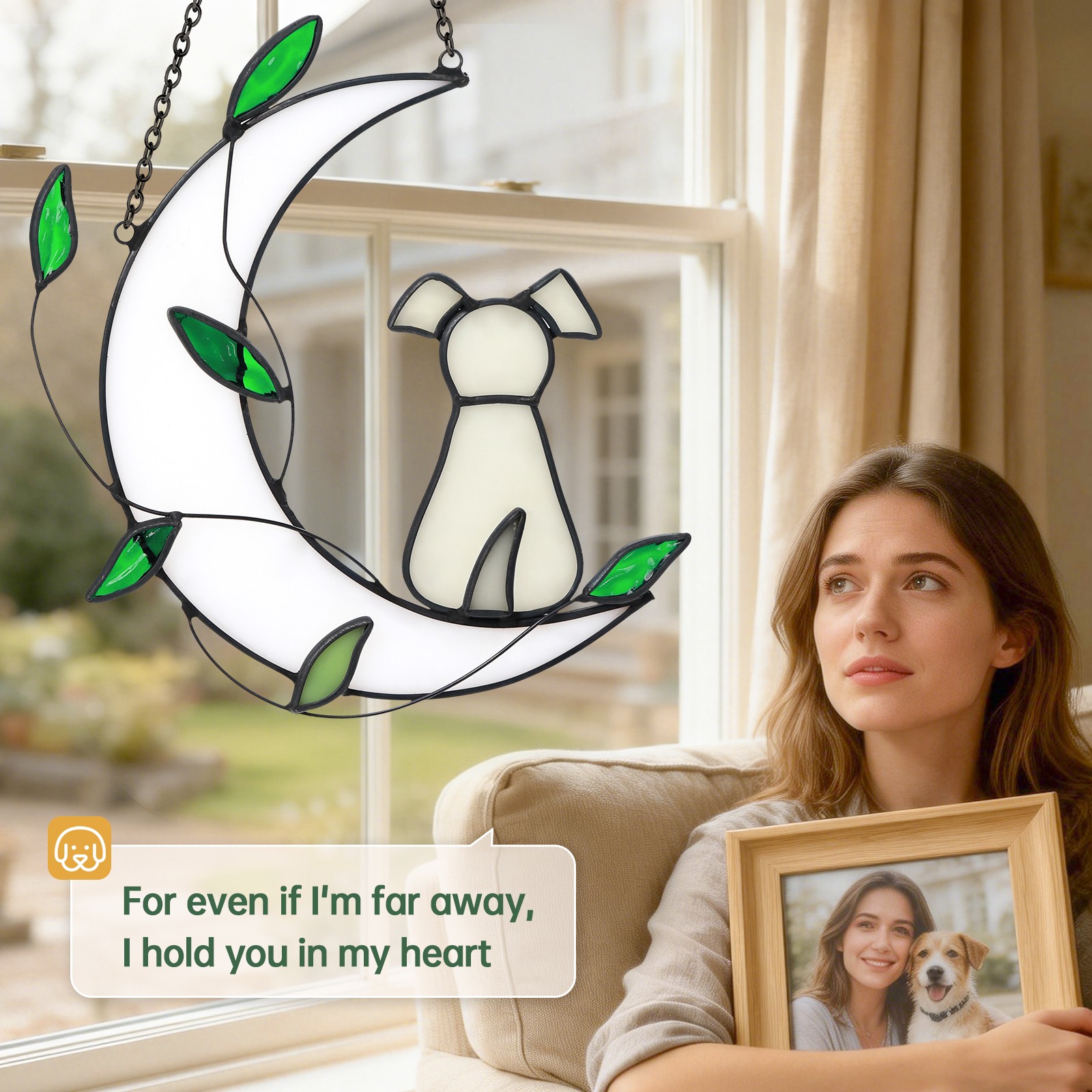 Green Leaf Dog Sunlight Catcher – Moon-Inspired Outdoor Window Hanging Gift
