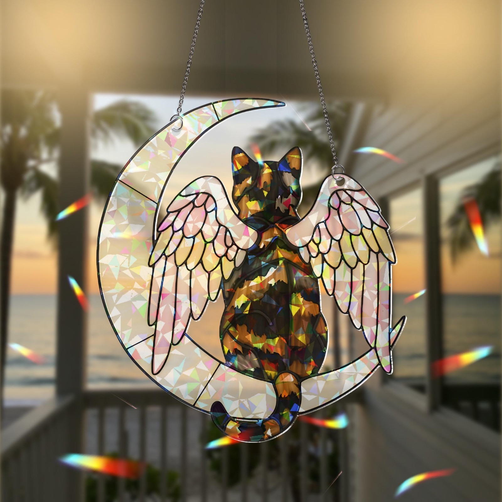 Angel Tortoiseshell Cat on Moon: Hologram Window Hanging,Decor