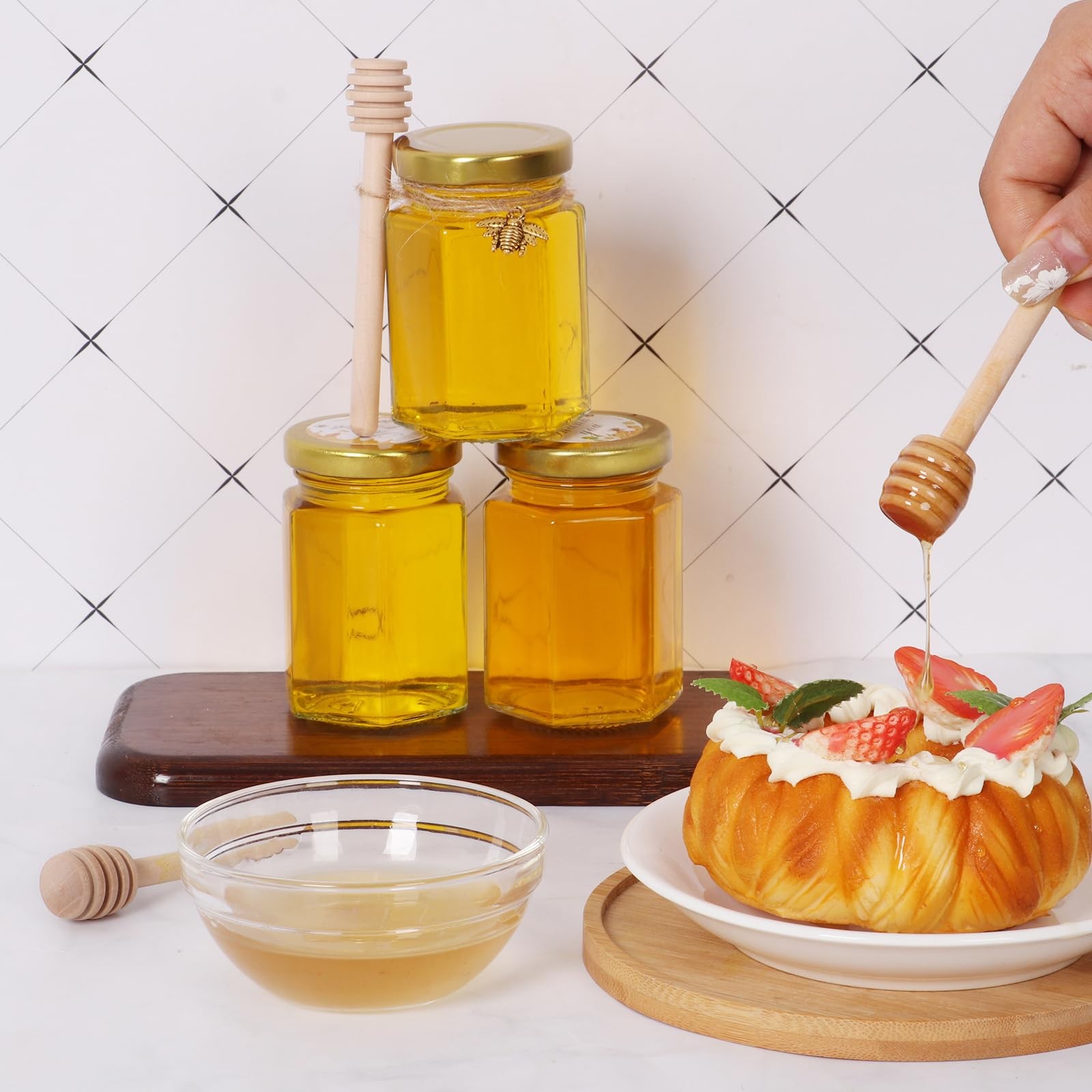 BIGIVACA 4 oz Hexagon Mini Glass Honey Jars with Wood Dippers,30 4 oz-30 pack