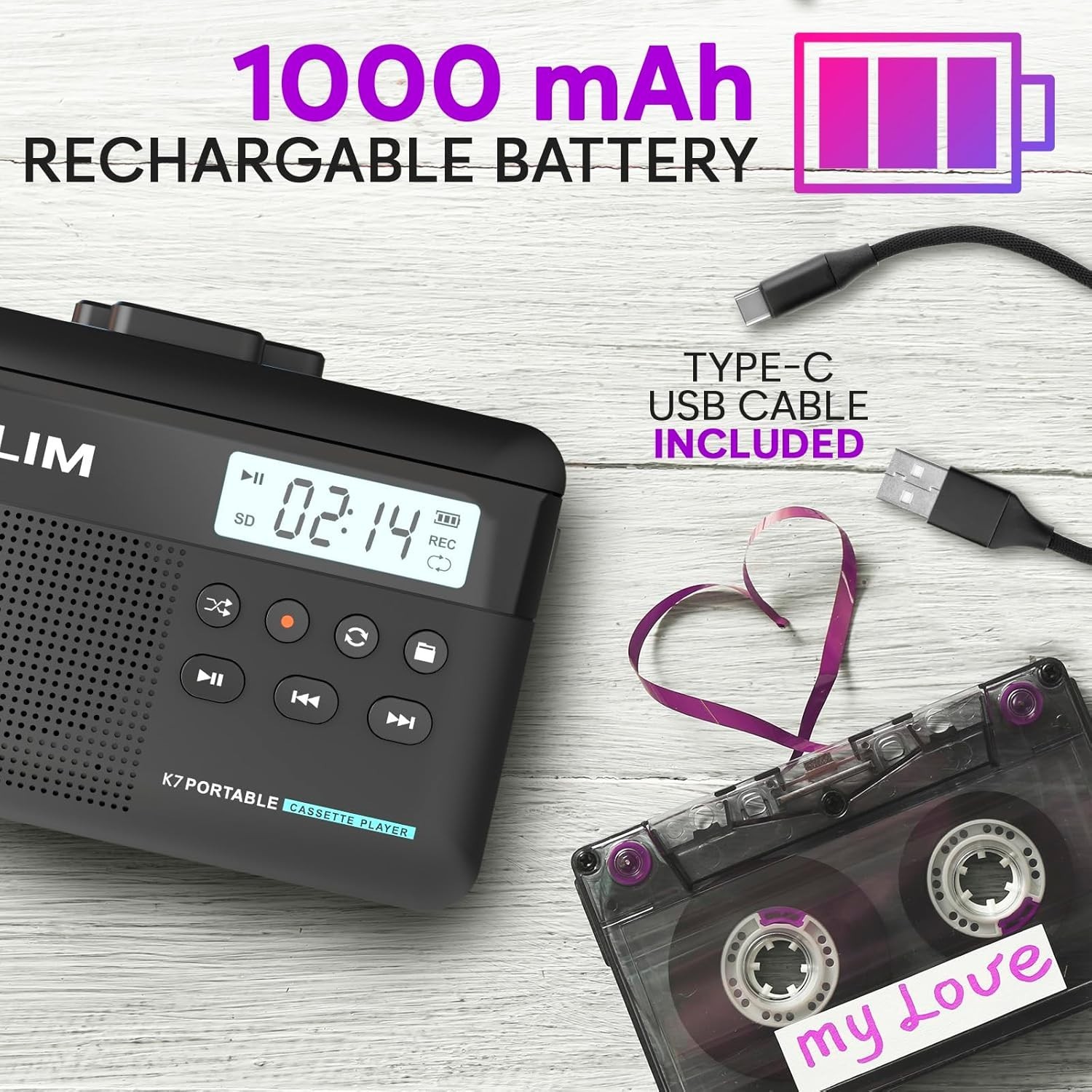 K7 Cassette Tape Player + Cassette to MP3 Converter + Portable Cassette Player +