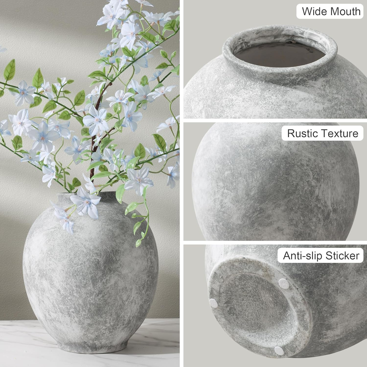 Large Ceramic Vase, 9.8 Inch Rustic Farmhouse Flowers Vase for Home Decor, Sands