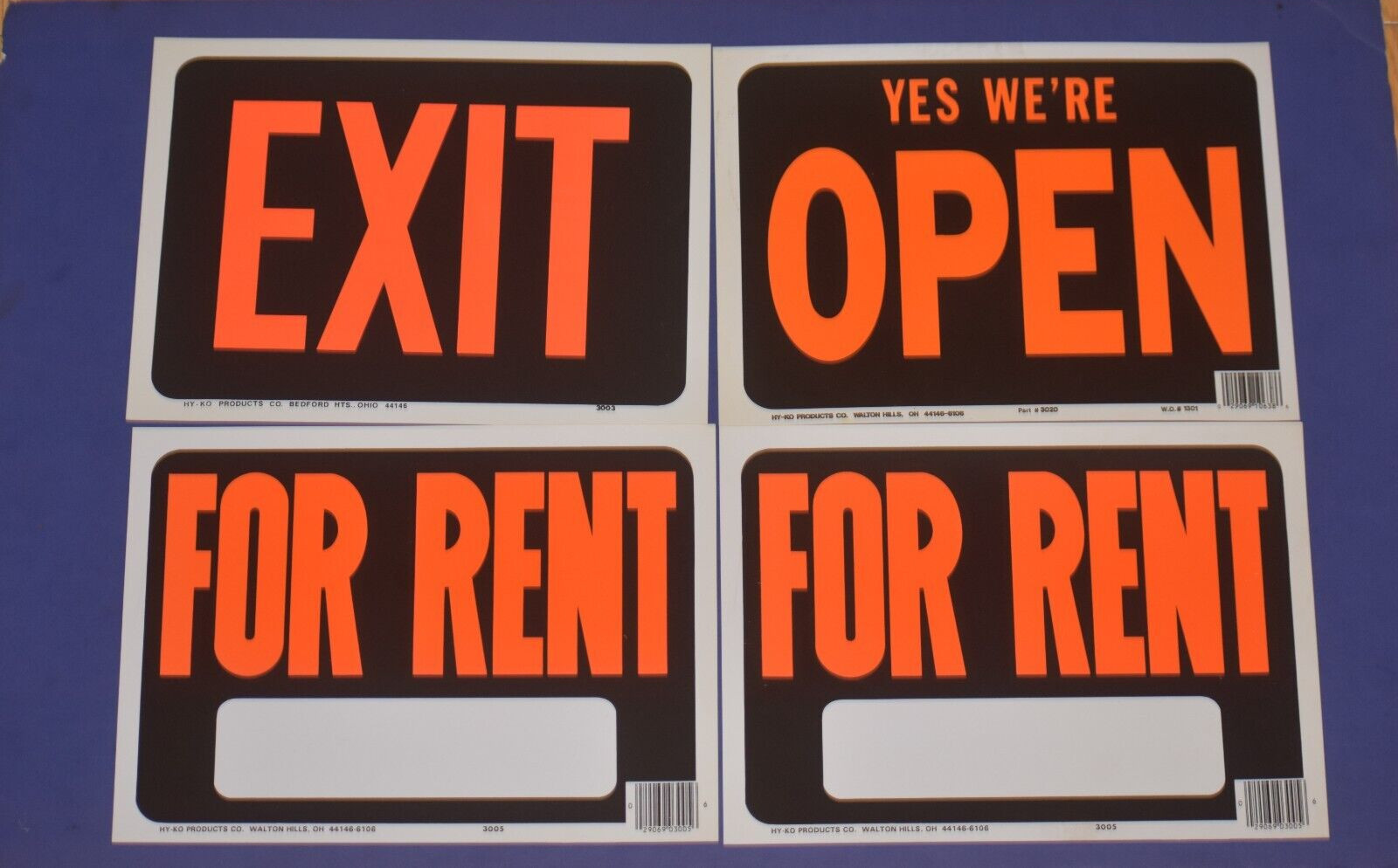4 Vintage 9 In. X 12 In. Plastic Sign Hy-Co 2 FOR RENT 1 EXIT 1 YES WERE OPEN