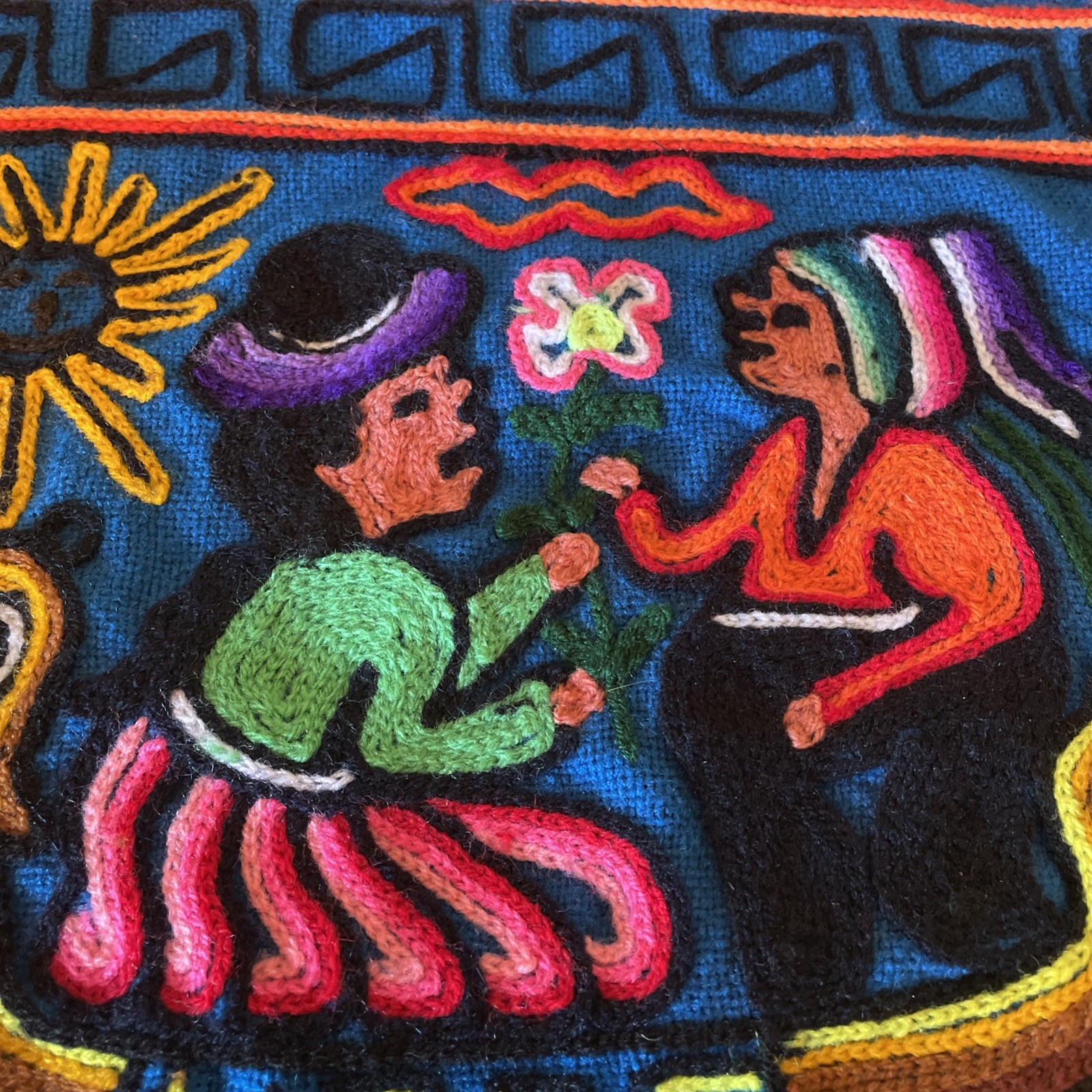 Vintage Peru Lake Titicaca Folk Art Wall Hanging Pillow Cover 16.5” Square Uros