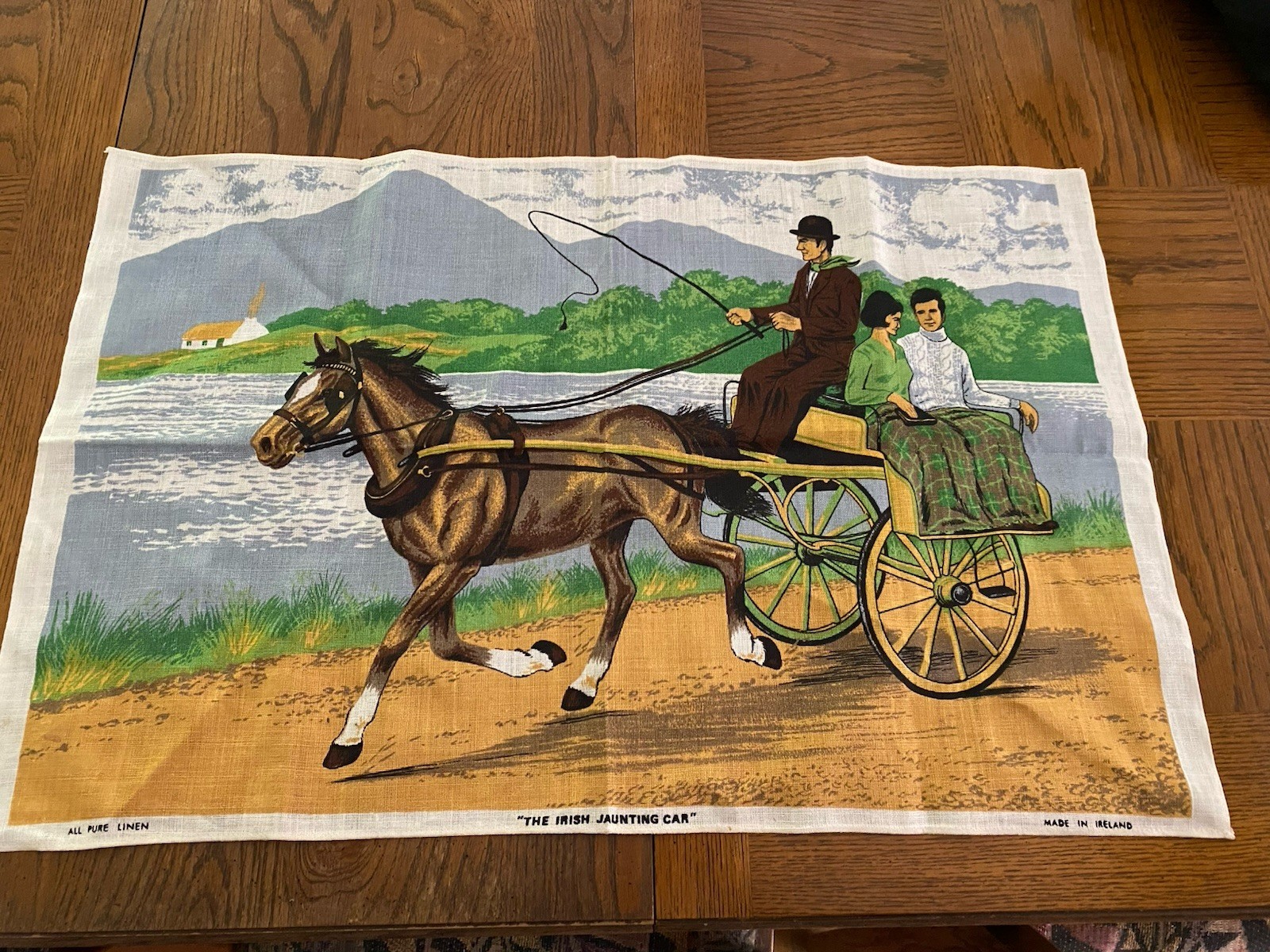 VINTAGE Ireland Wall Hanging Pure Linen The Irish Jaunting Car 30’ X 20’