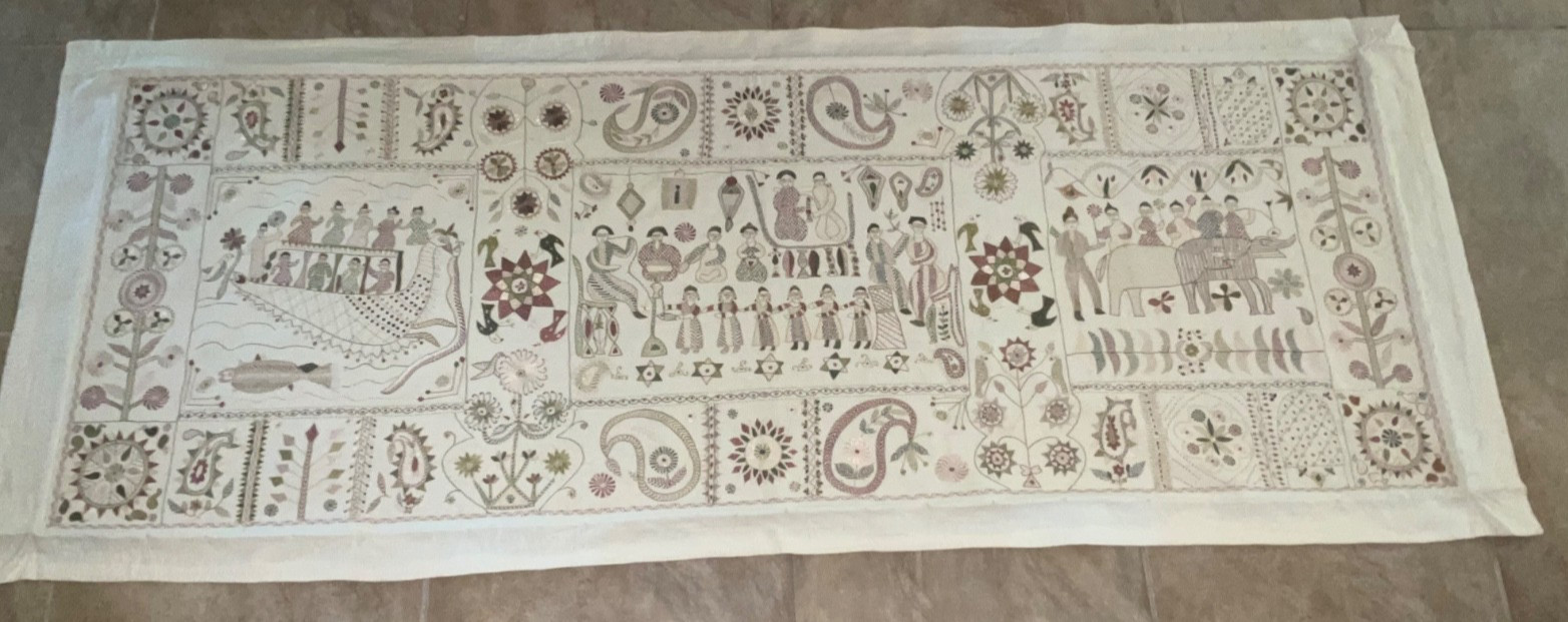 Lg Aarong Embroidered Tapestry Folk Art Bangladesh Pictorial Tapestry 31″ x 78″