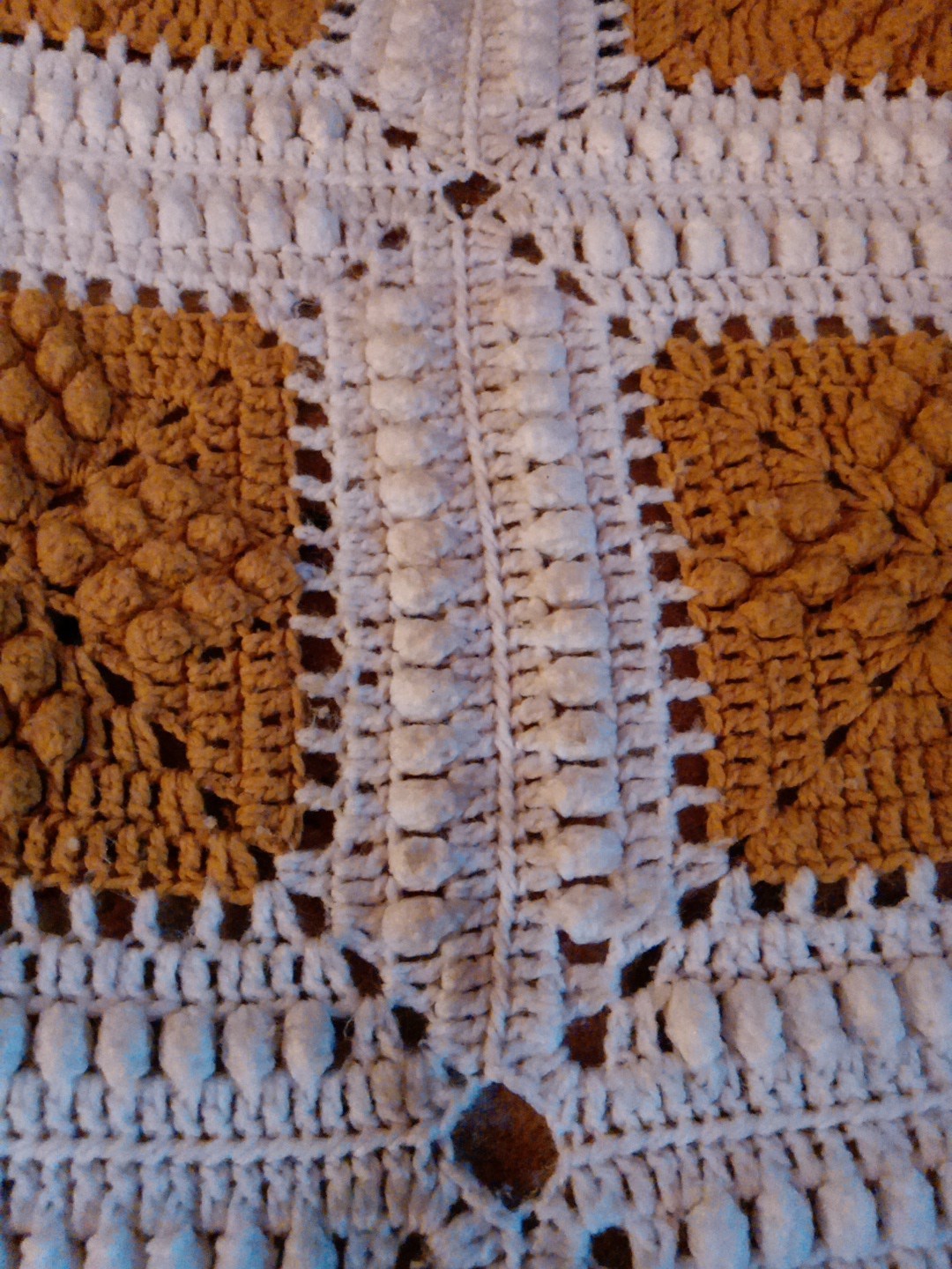 VTG Granny Square Blanket Bed throw Crotcheted 72”x 105” Approx. Gold & White