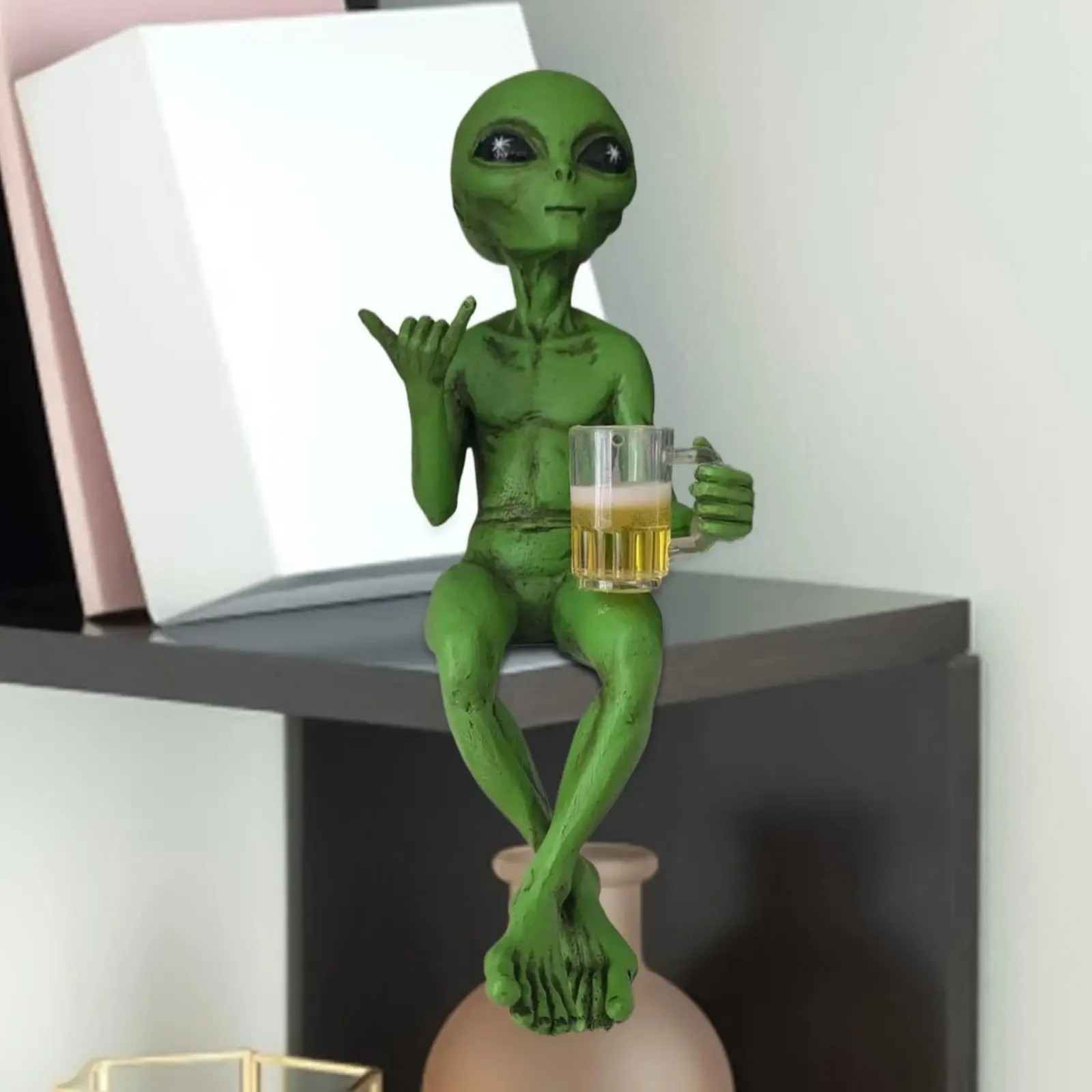 Alien Statue Drinking Beer Resin Sculpture Funny Desktop Decor Gift