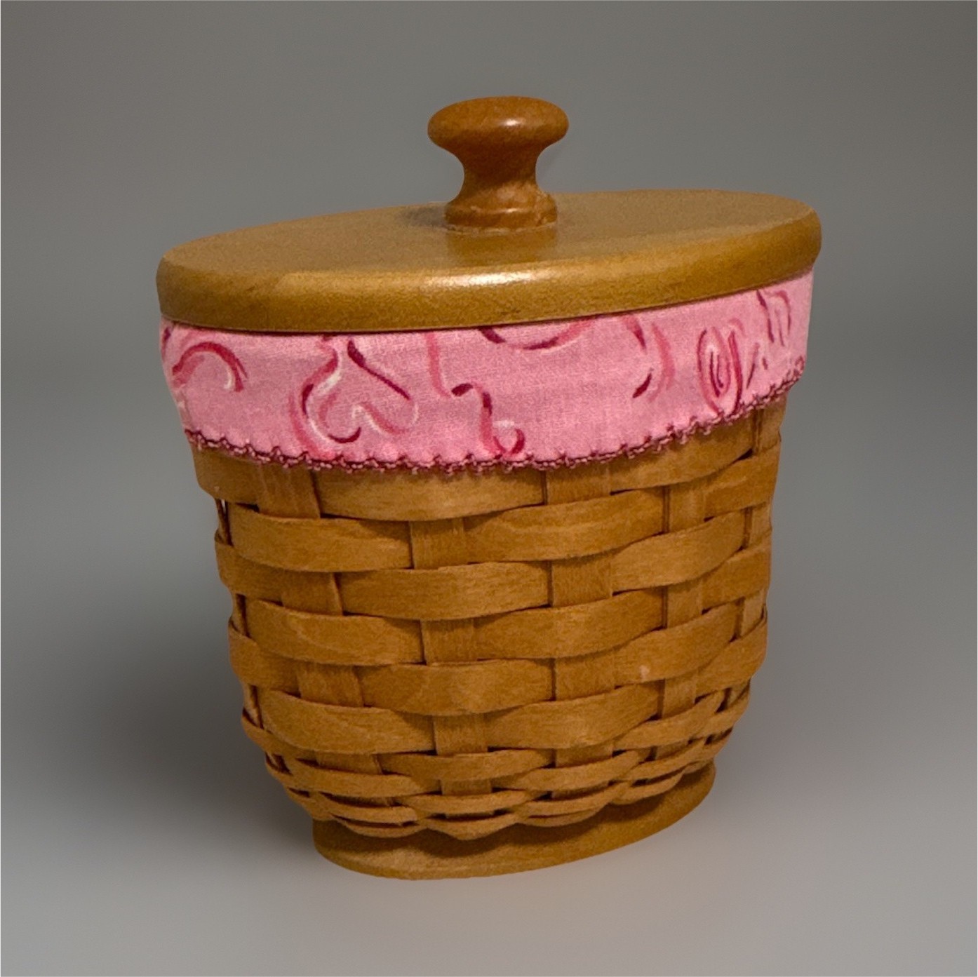 Longaberger Small Basket w/ Wood Lid & Pink Fabric Liner Plastic Protector
