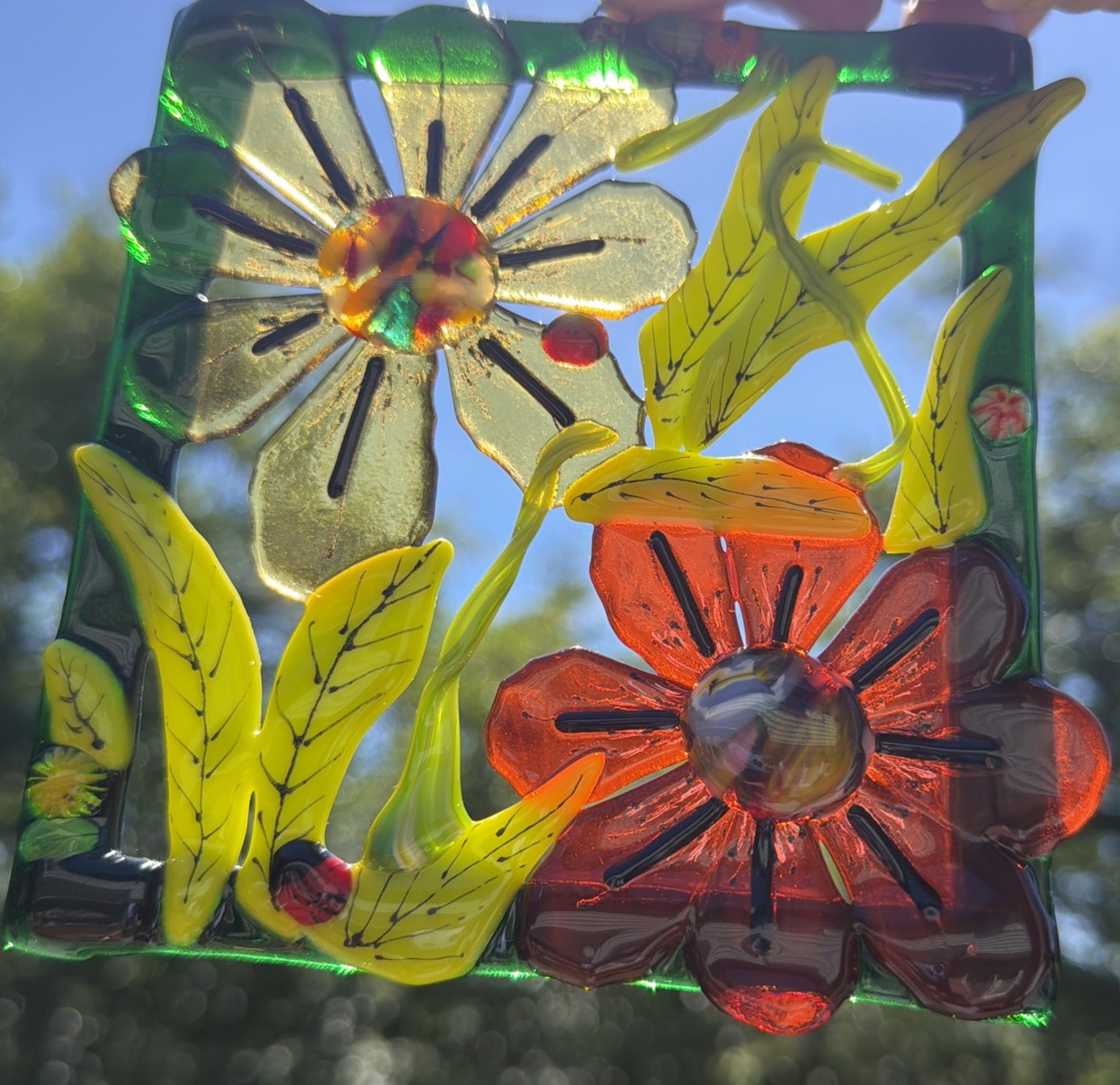Fused Glass Handmade Rectangular Multicolor Sun Catcher Signed By Artist