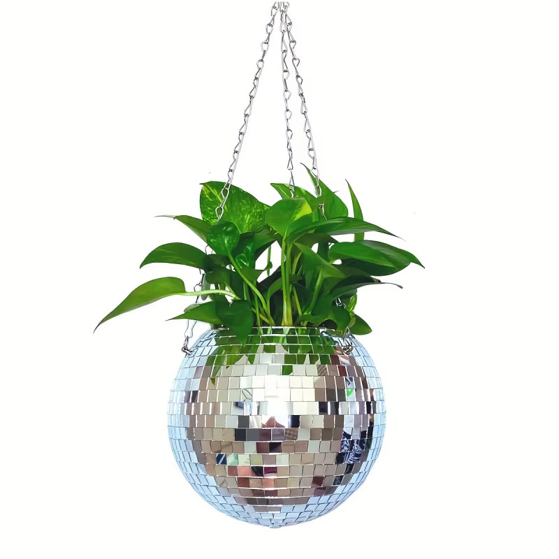 Handcrafted Bohemian Hanging Disco Mirror Ball Planter – Stylish & Self-Watering