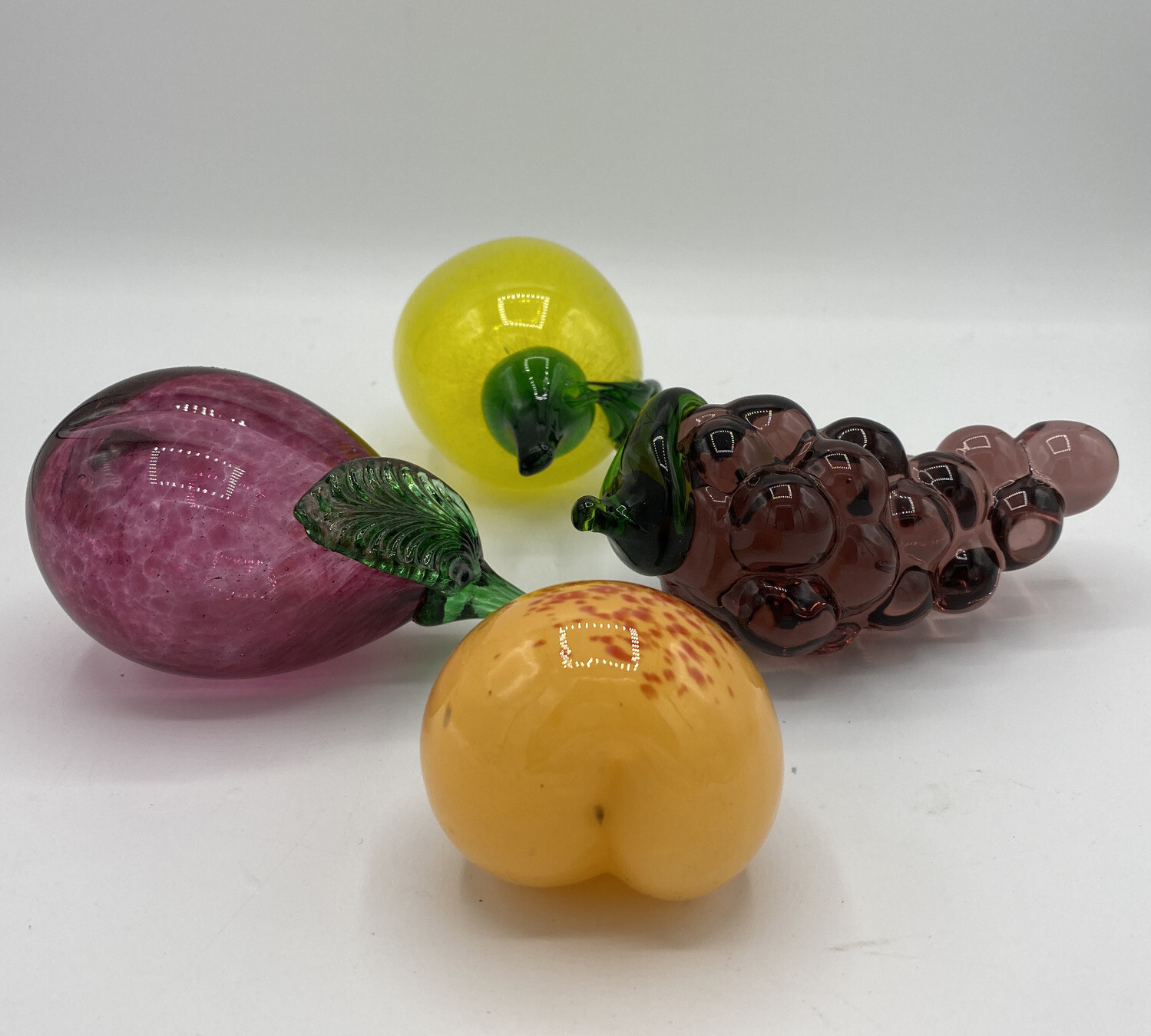 Art Glass Hand Blown Grapes Lemon Eggplant & Peach Set Of 4 See Pictures