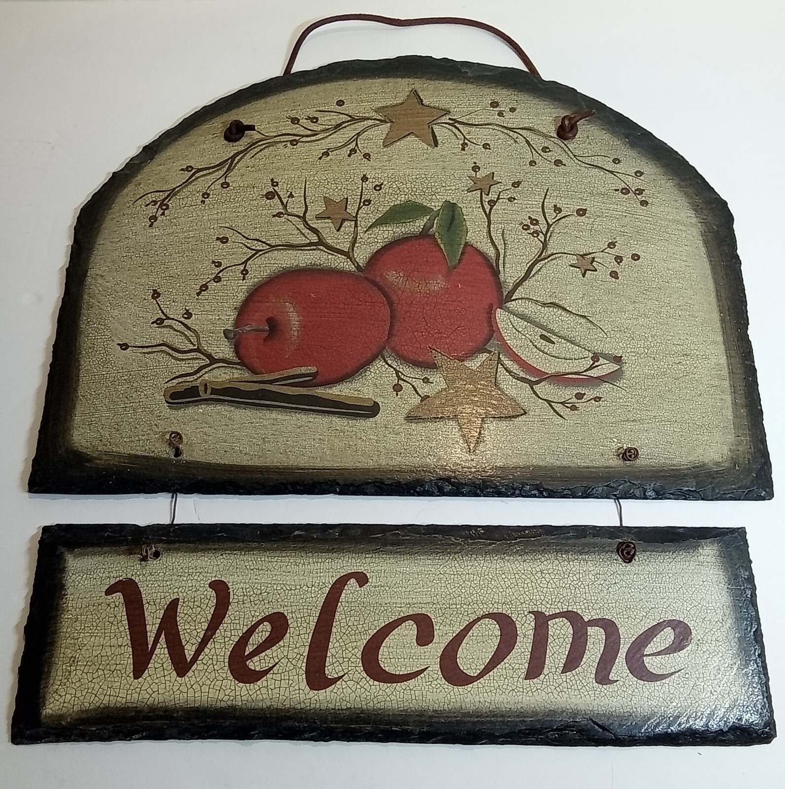 Apple Berry Slate Welcome Plaque BaublesnBling Rustic Star Leather Hanger 3 LB