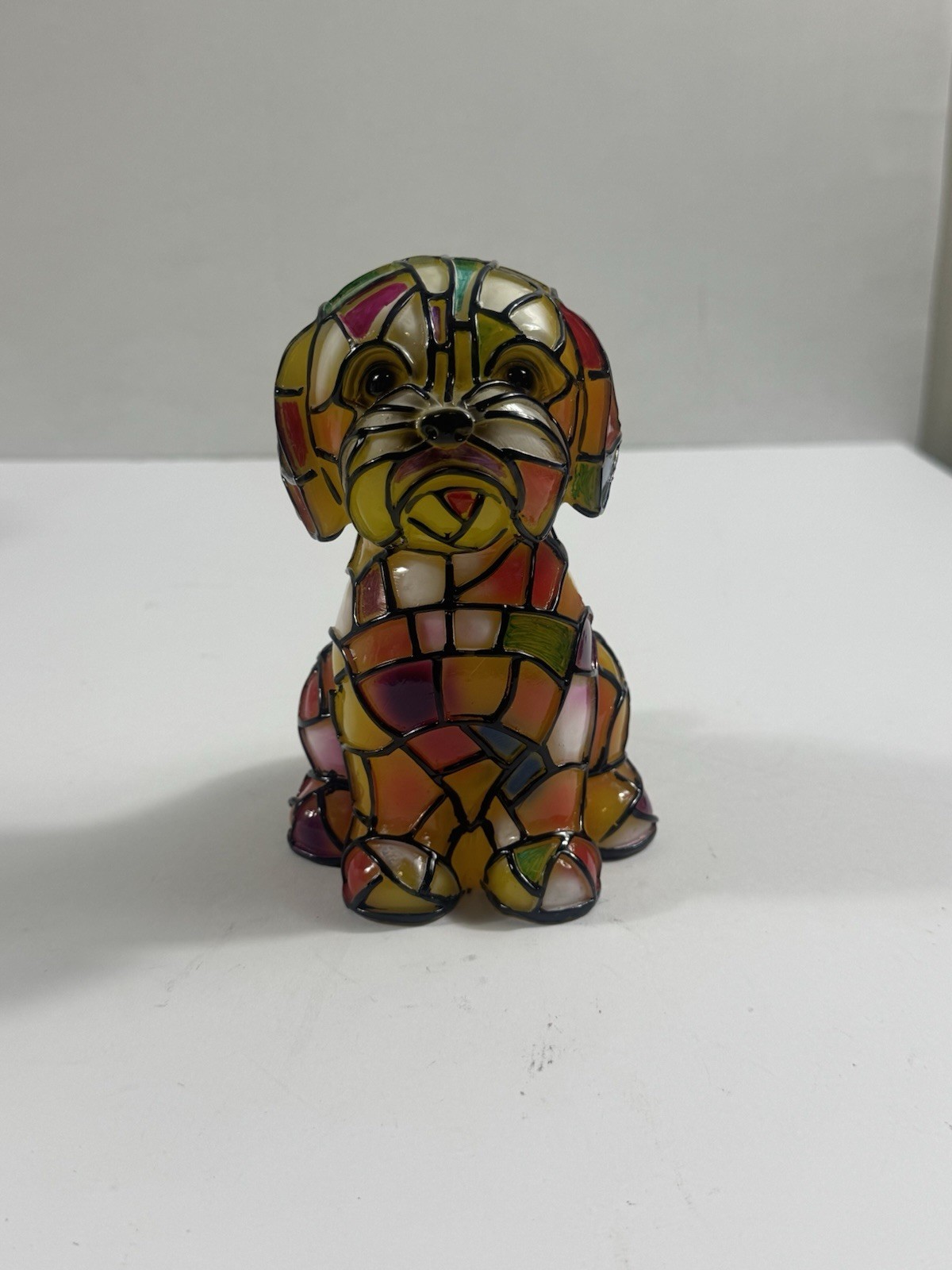 Stained Glass Style Dog Figurine Colorful Mosaic Puppy Resin Plastic Decor 6”