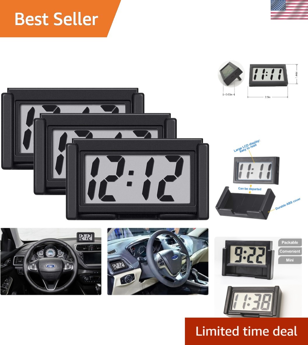 3PCS Mini Car Clocks – Large LCD Display, Shockproof & Mountable for Safety