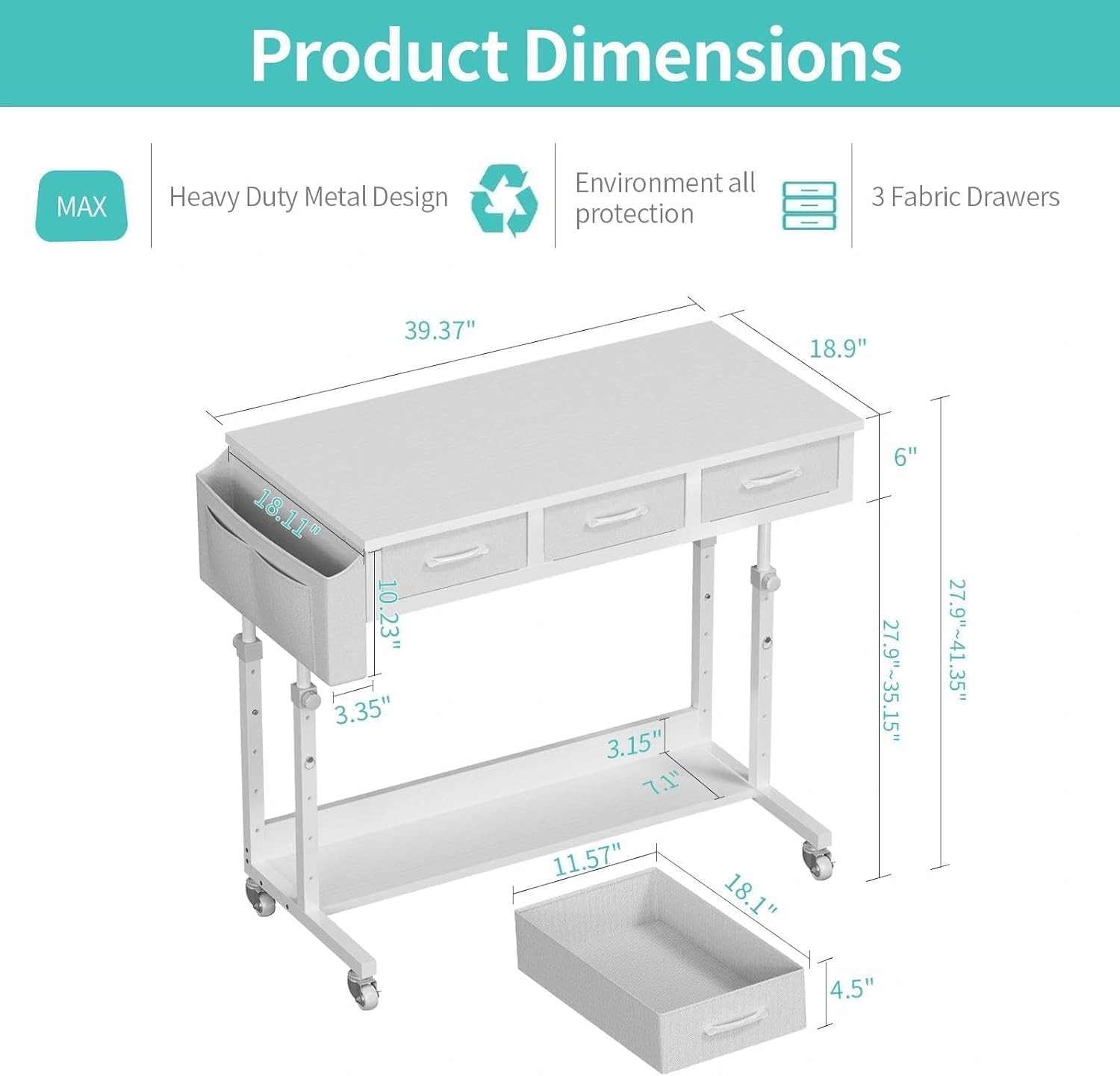 Portable Rolling Computer Desk – 40″ Adjustable Mobile Standing Desk with 3 Draw