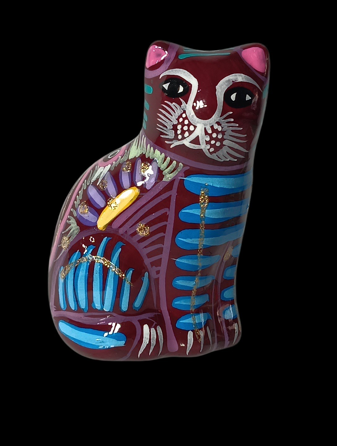 Colorful Glazed Cat Mexican Folk Art Clay Pottery Figurine Hand Painted.