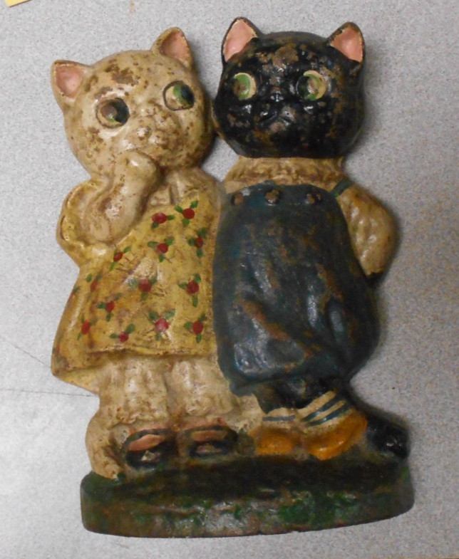 Antique Iron Cat Couple / Twins Painted Doorstop Multicolor 7.5”