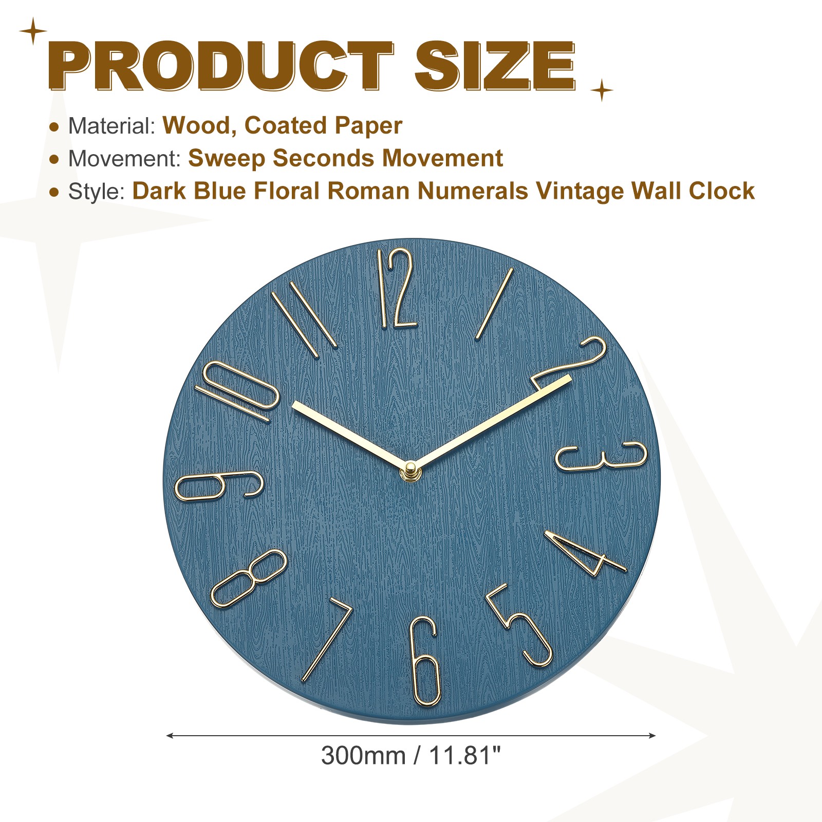 12″ Vintage Wall Clock with Arabic Numerals Dark Blue