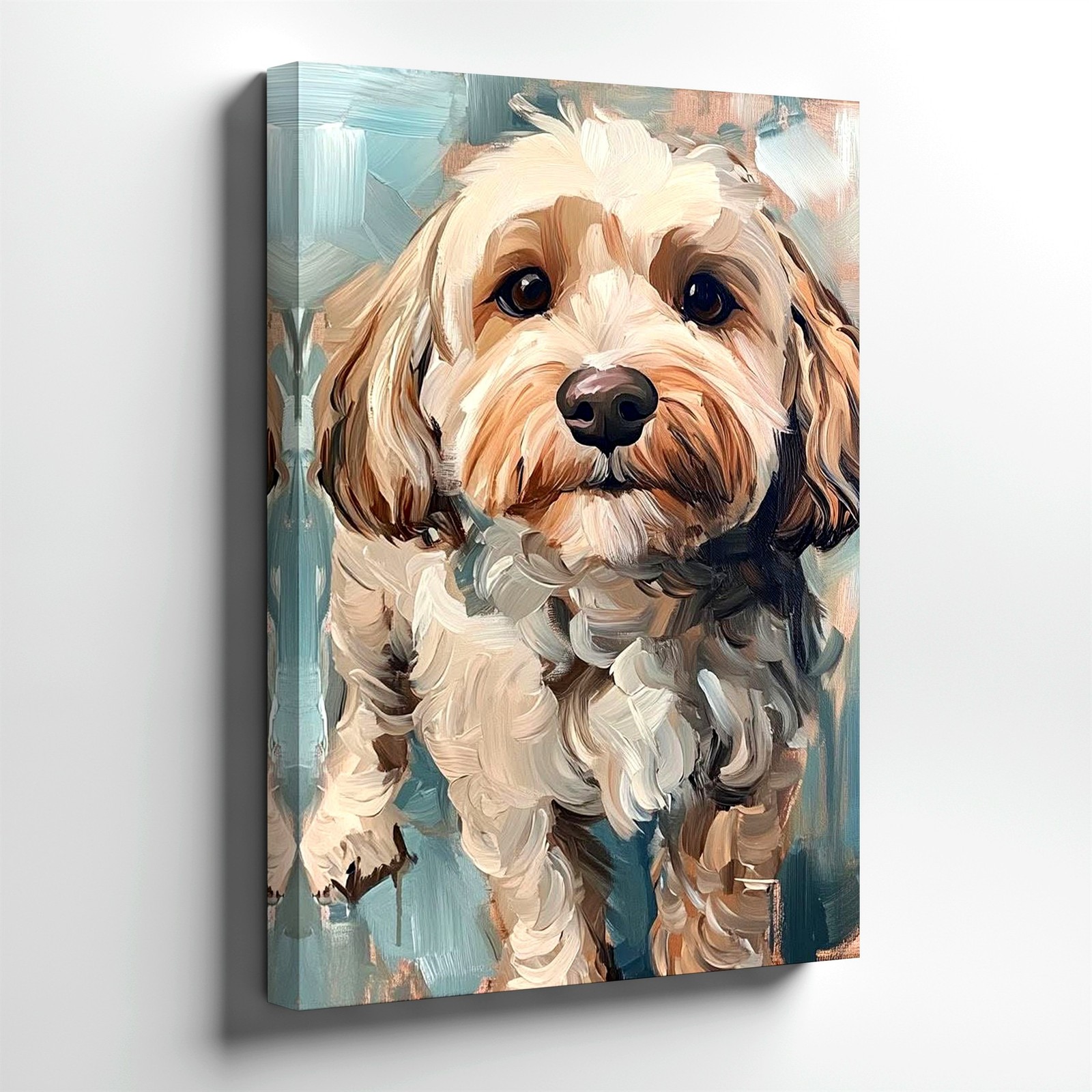Wall Art Cute Fluffy Dog Portrait Canvas Print Pet Painting Blue Background