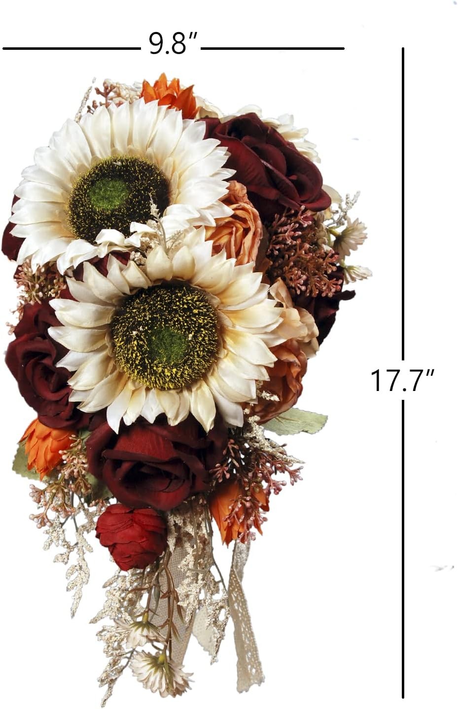 9.8 Inch Vintage Sunflower Wedding Bouquets for Bride, Artificial Burgundy