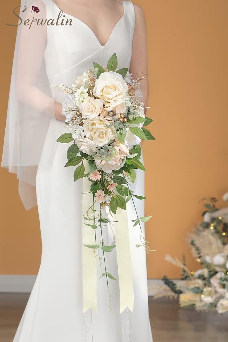 9.8 Inch Wedding Bouquets for Bride Bridesmaid, Champagne Rose Bridal Bouquets