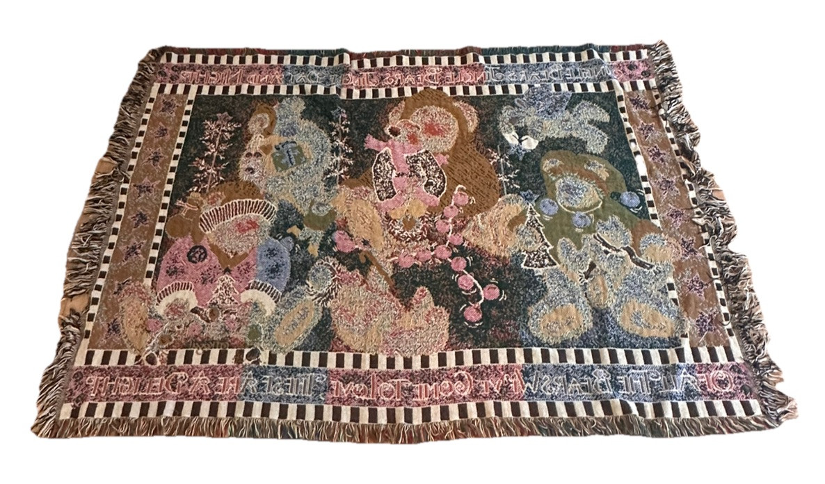 Vintage Christmas Teddy Bear Tapestry Woven Throw Fringed Blanket Cottagecore
