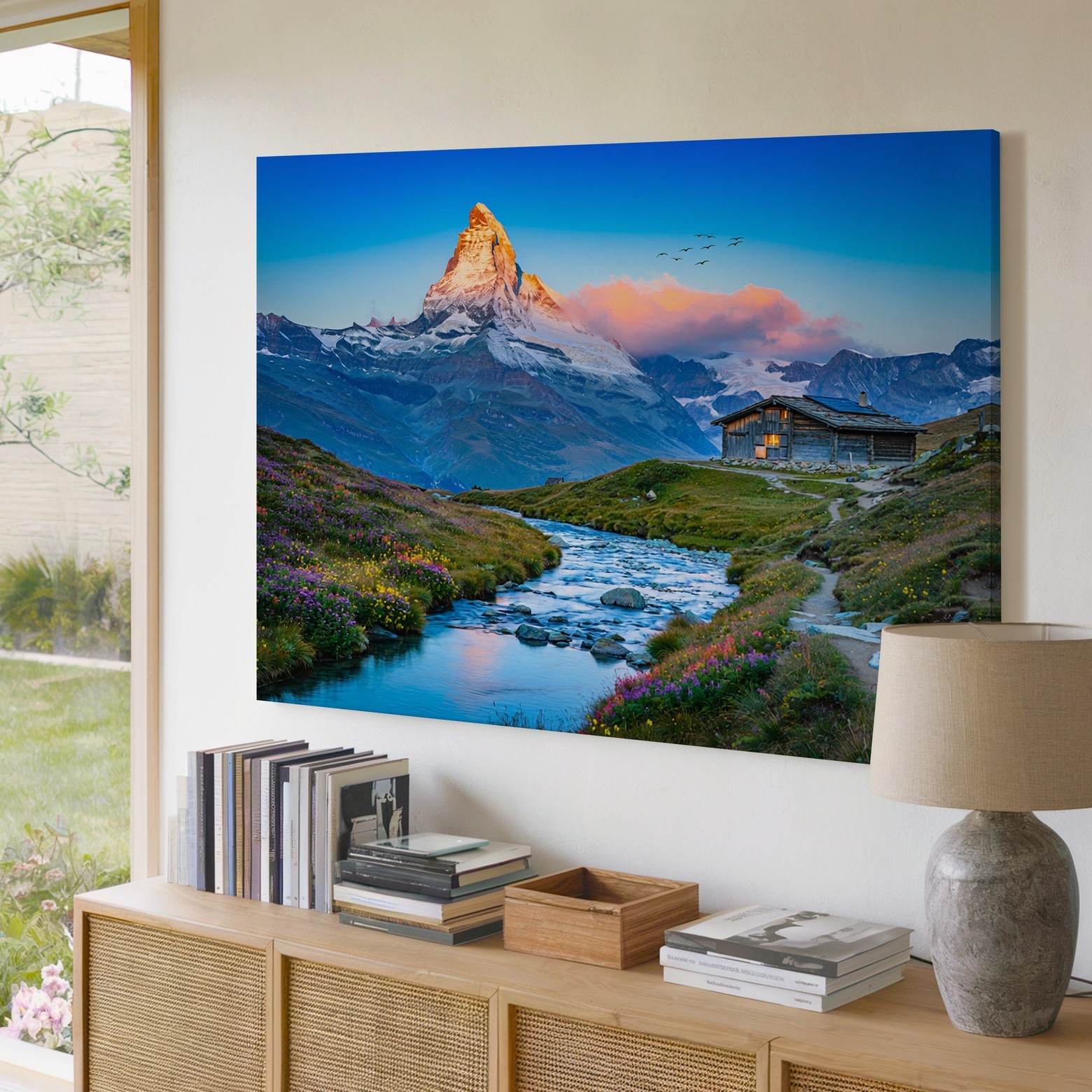 Mountain landscape canvas wall art with river stream and cabin nature print