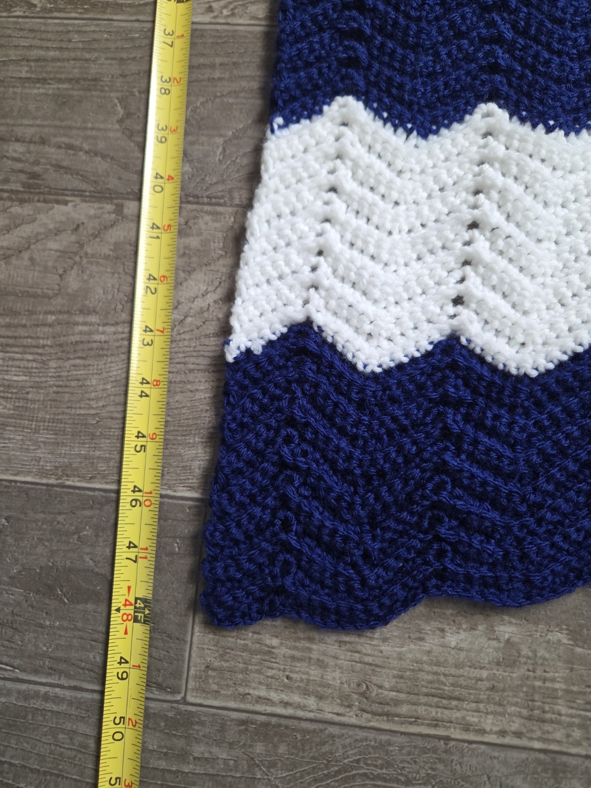 VTG Handmade Crocheted Afghan Blanket Blue&White Chevron Throwin 58″x33″ Throw