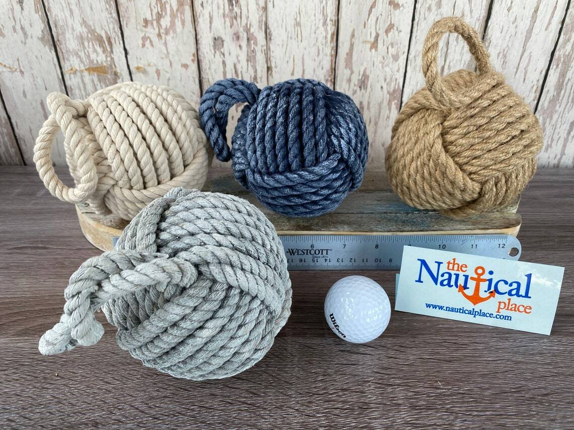 3.75″ Monkey Fist Knot Ball w/ Hanger Loop – Handmade Jute Rope Sailor Knot
