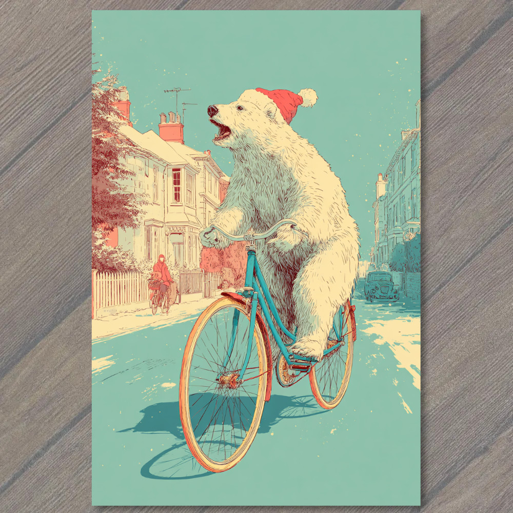 Art Print Polar Bear Santa Hat Riding Bike Winter Street Holiday Whimsy