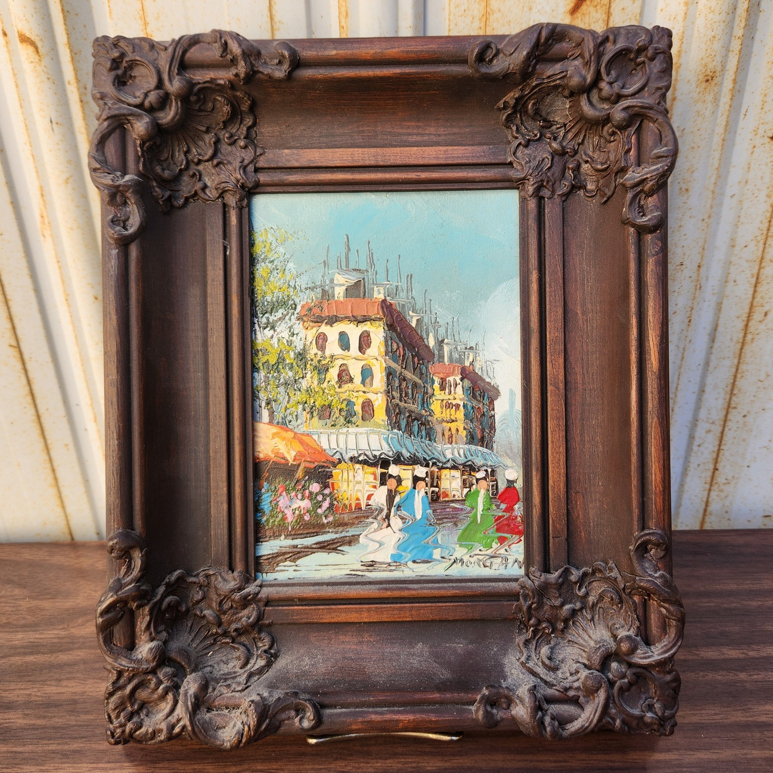 Vintage Impasto Paris Street Scene Oil Painting Ornate Heavy Carved Wood Frame