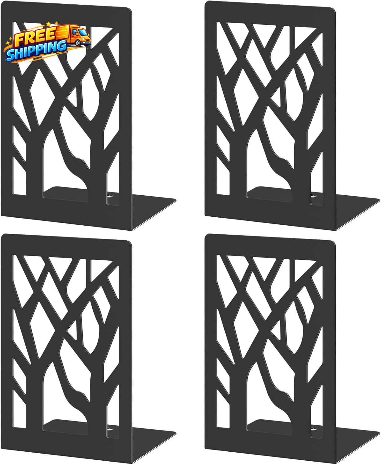 4 Piece Modern Metal Bookends for Shelves Black Tree Book Ends for Books Decora