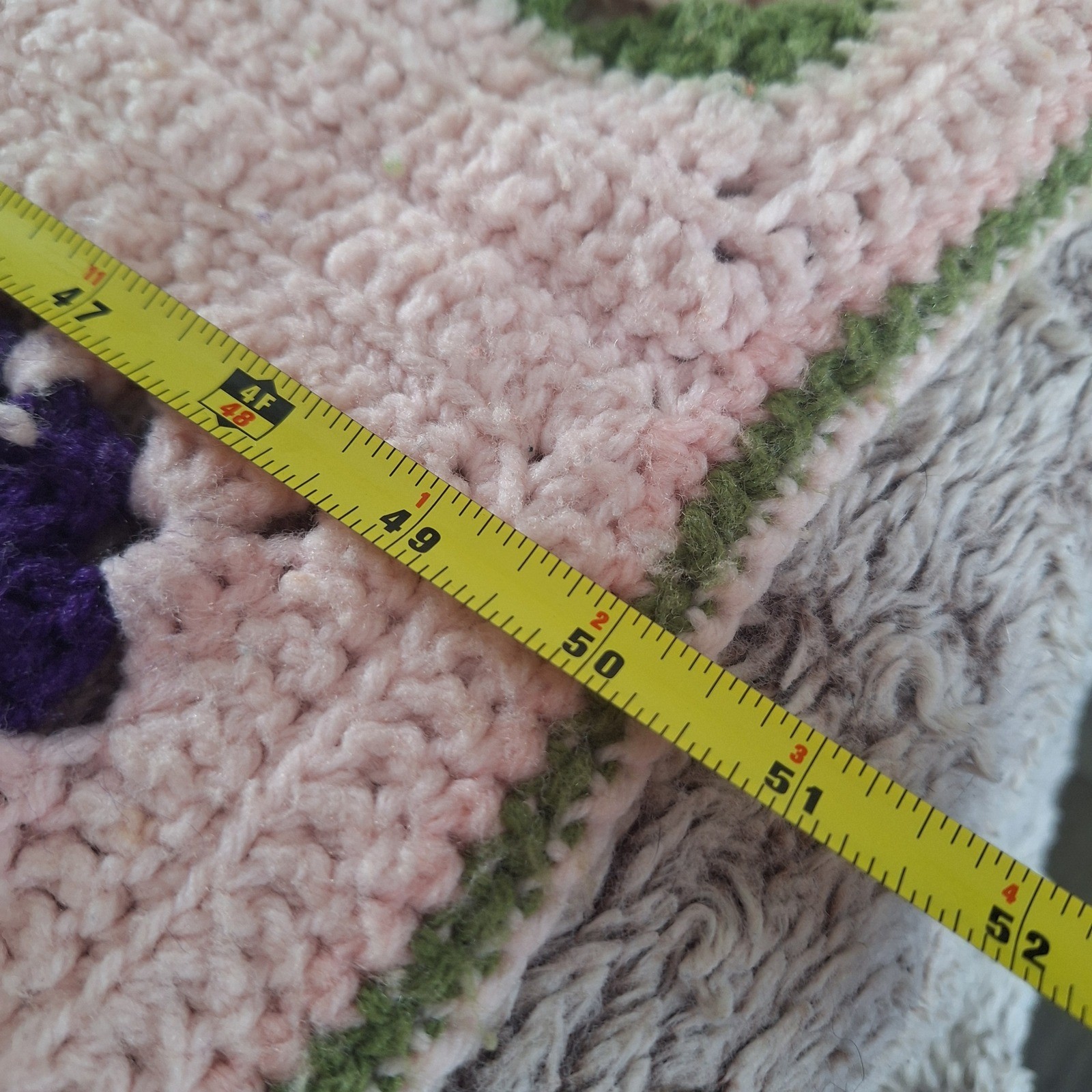 Pink Square Afghan Crochet Blanket Tassle Fringe Vintage Handmade 50×80