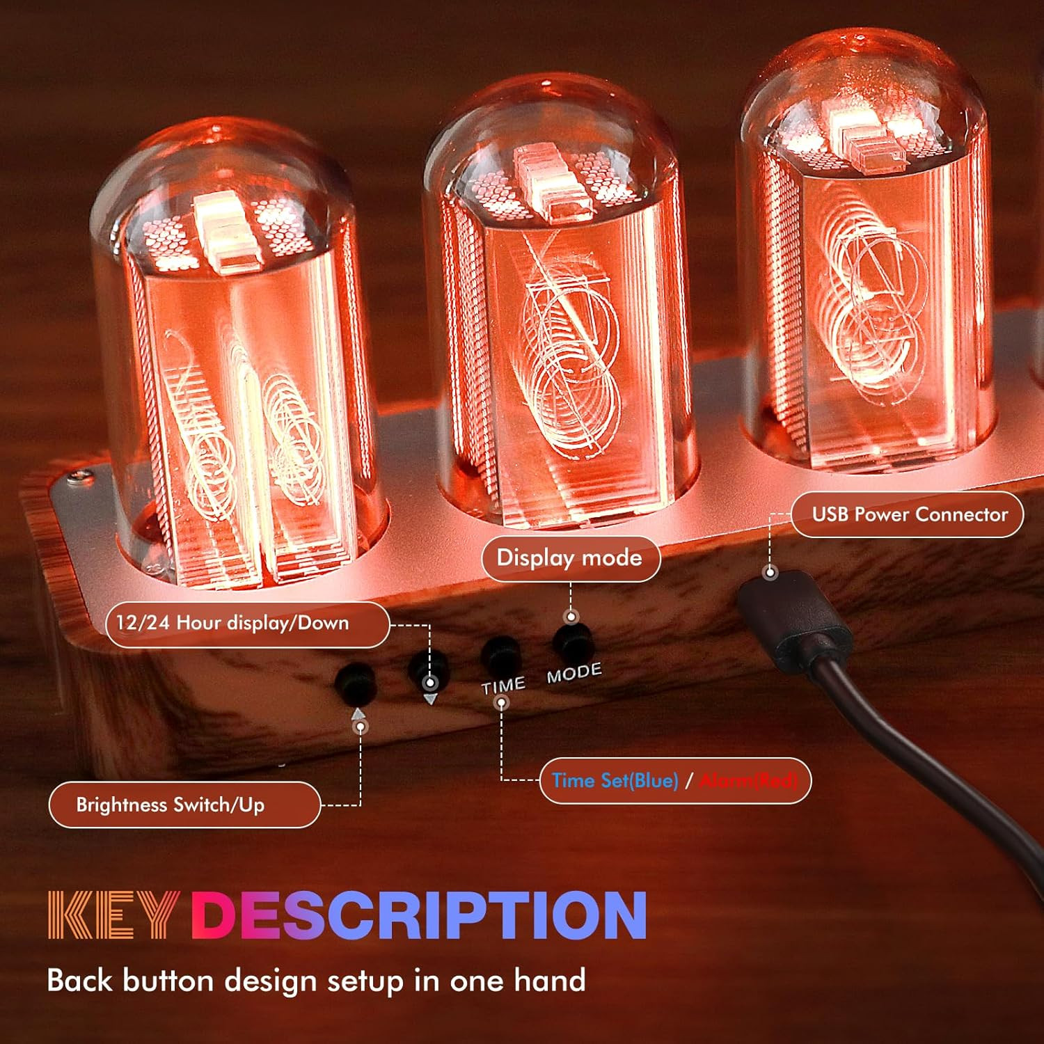 Walnut Nixie Tube Clock with Wi-Fi Sync, Alarm & Timer – Retro Gift Idea
