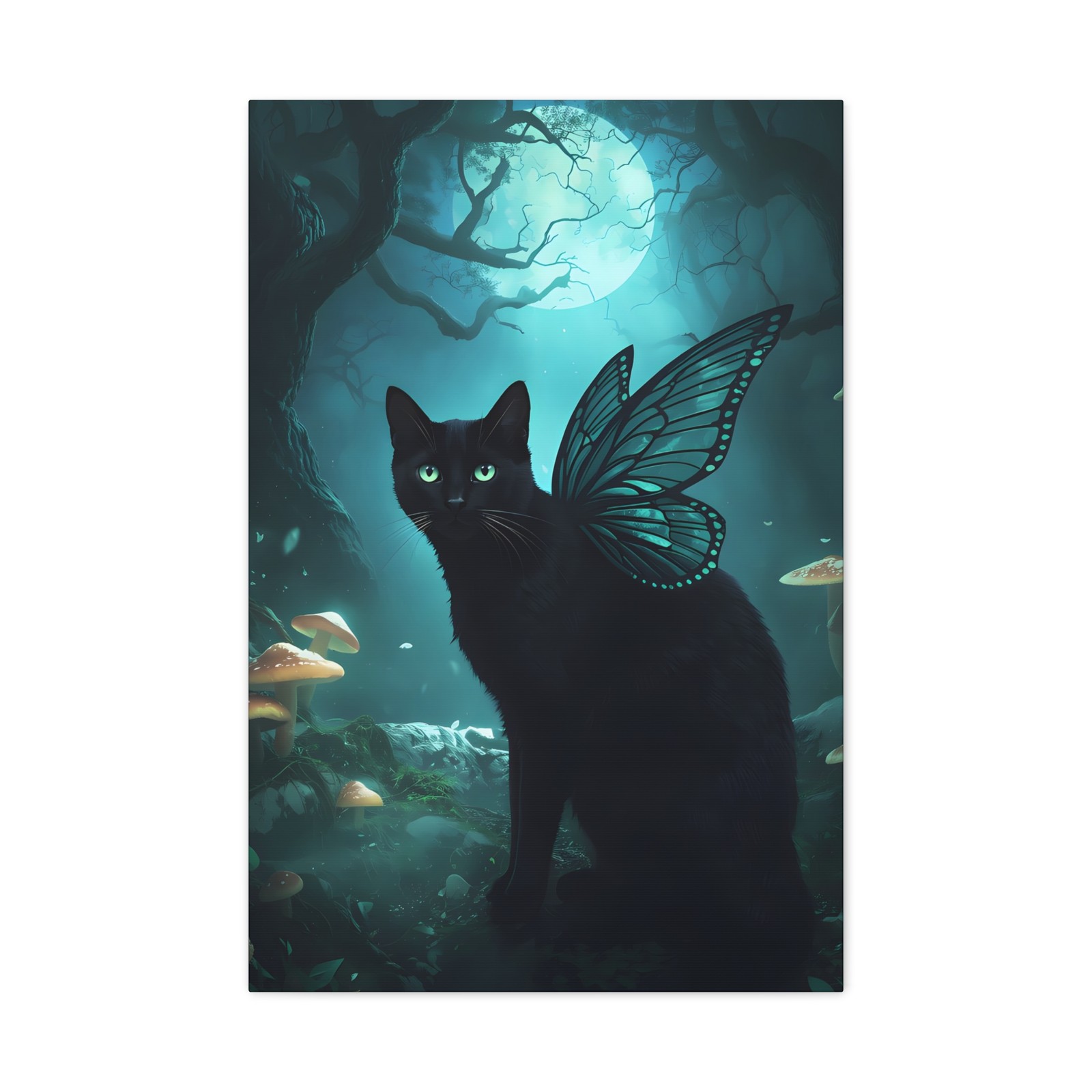 Gothic Black Fairy Cat Canvas Wall Art Dark Fantasy Forest Print