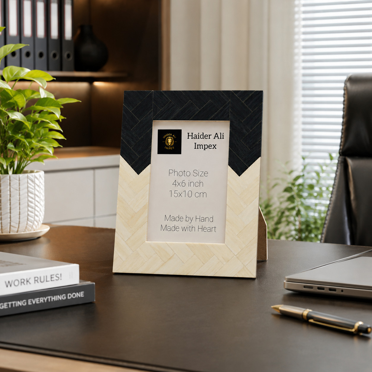 Herringbone Bone Inlay Picture Frame 4×6 Black White Geometric Office Desk Decor