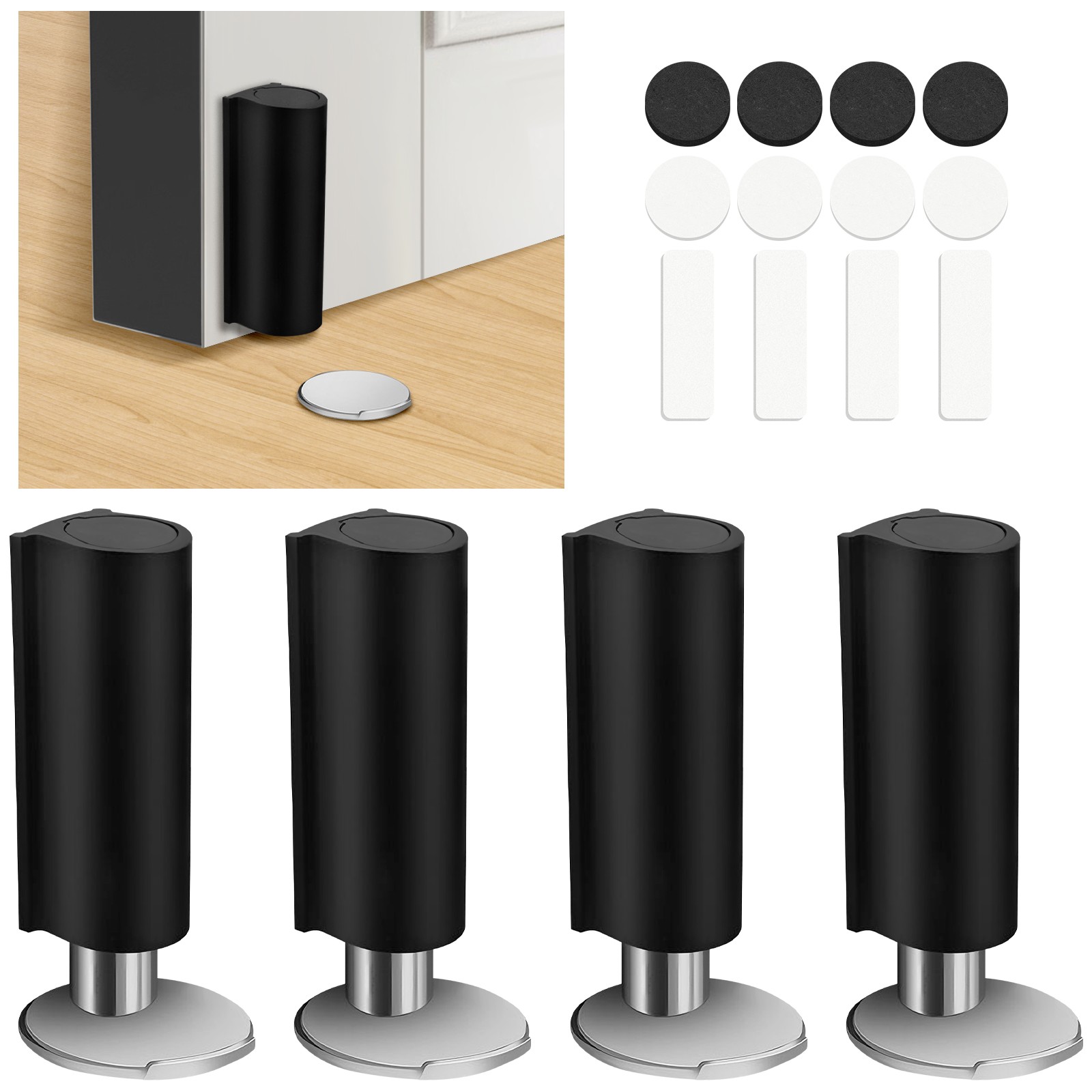 4 Pcs Magnetic Door Stopper Black Stainless Steel No Drilling Door Catch Holder