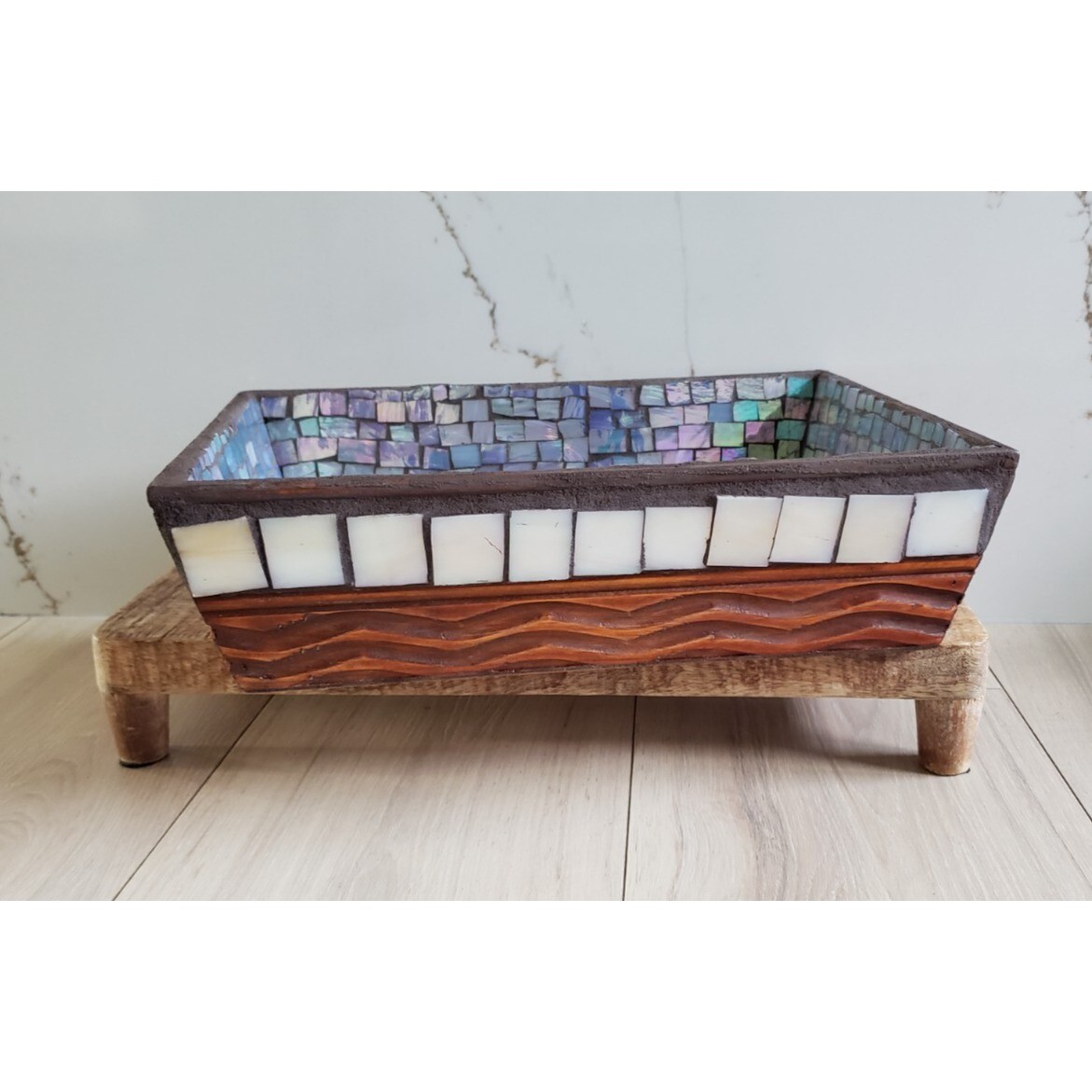 Mosaic Trinket Tray Brown Wood Victorian Pique Assiette Decor Old World European