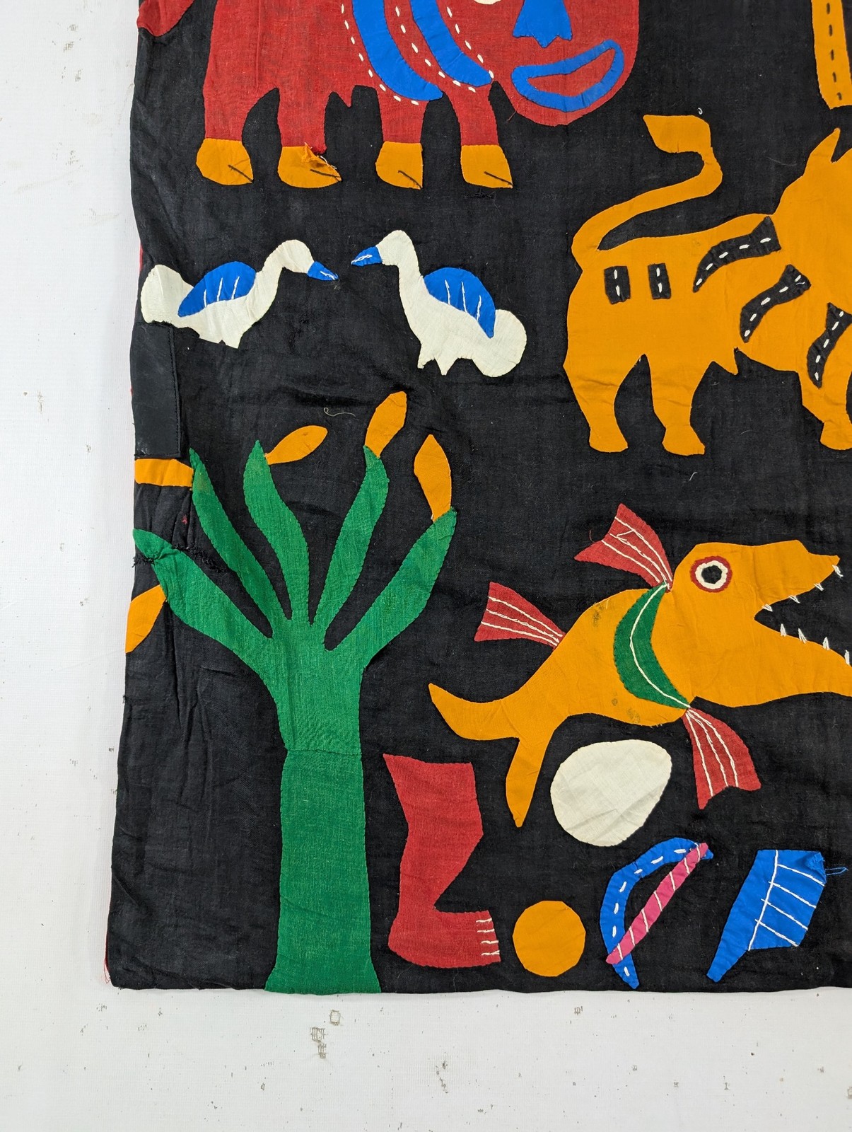 Vintage Beautiful Hand Sewn African Applique Pictorial Tapestry Textile 90x35in