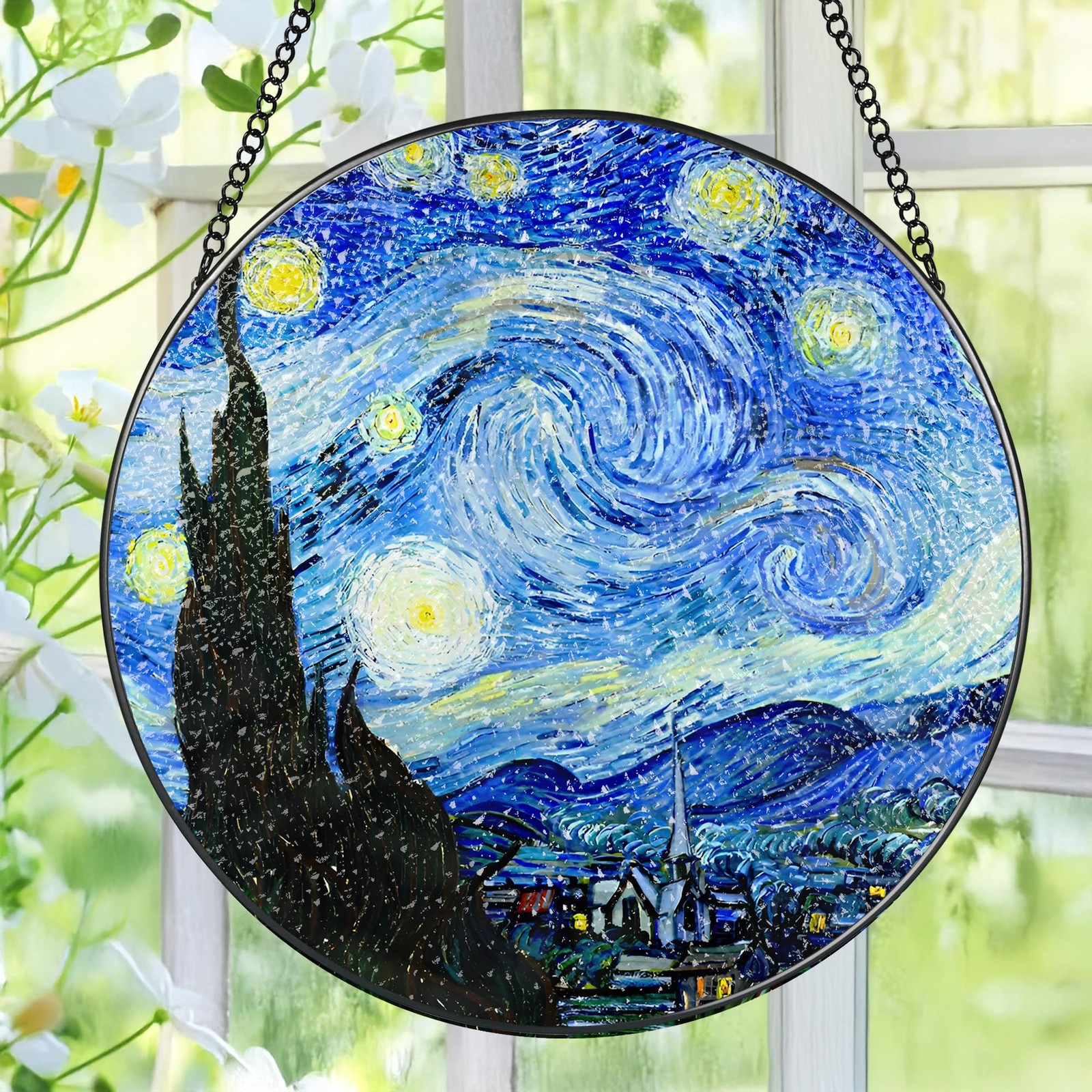 Starry Night Stained Glass Suncatcher Unique Home Decor Gift for Art Lovers